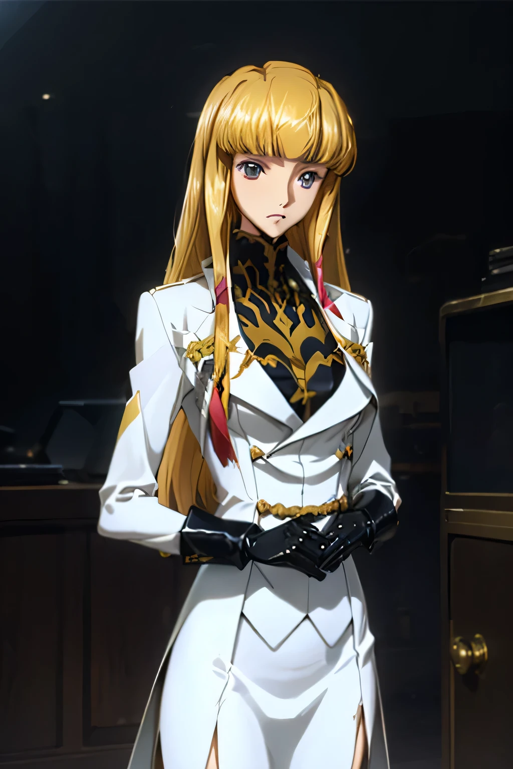 perfect anatomy top quality , Highest Resolution ,(((white latex military uniform with metallic luster Shiny Blonde Dark blue eyes))) Code Geass Monica long hair straight expressionless flat chest woman