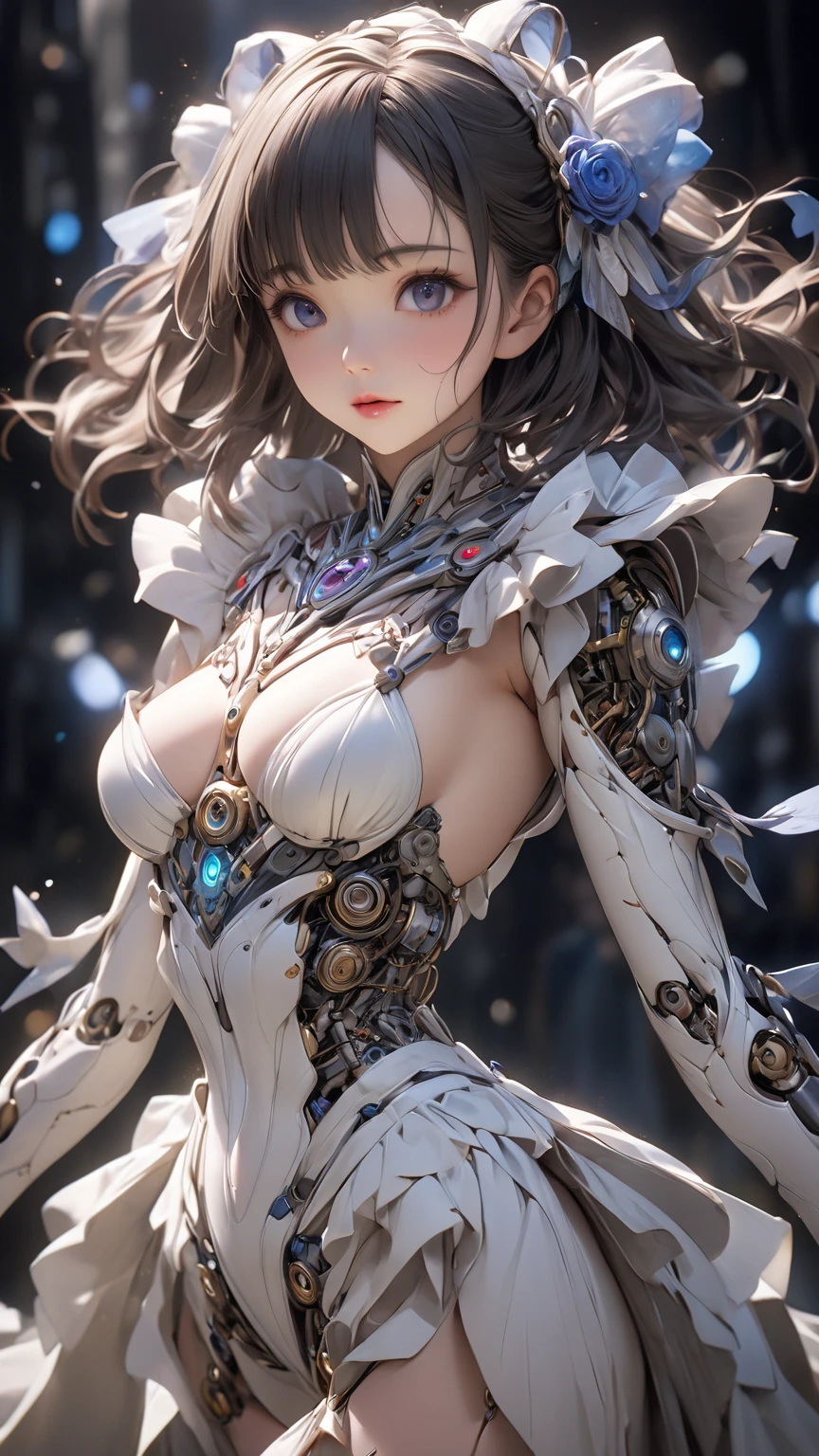 hightquality、8K、Ulutra HD、fullllbody、1 16-year-old female、Gentle smile、Rich facial expressions、beauty legs、robe blanche、light brown hair、Blue eyes、mechanical black stage costume、(The background is an alien city in a sci-fi parallel world...)、rays of moonlight、cute little、Beautiful fece、portlate、art by:Alberto Seveso、Abstract art style、Complex and intricate watercolor painting 、digitial painting、concept-art、Volumetric lighting、TanvirTamim、metal reflective、2d render、Art Germ、Trending on ArtStation