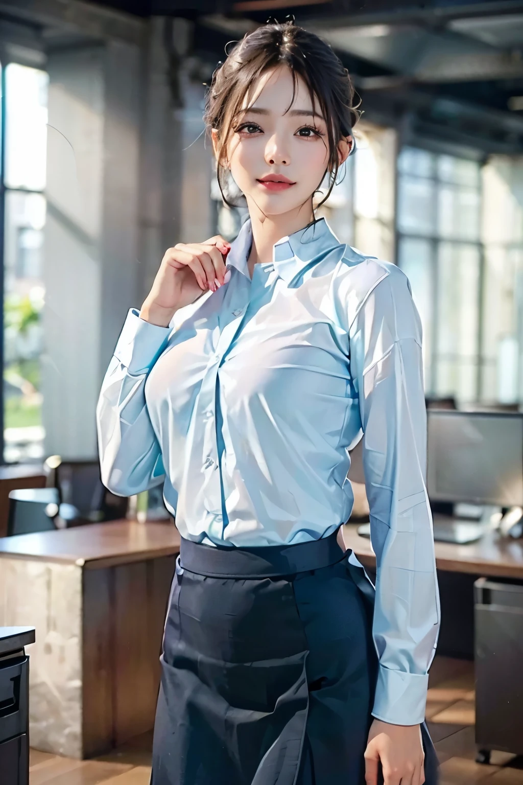 A brown-haired office lady in a white shirt, tie, and black tight skirt looks down at me in the office