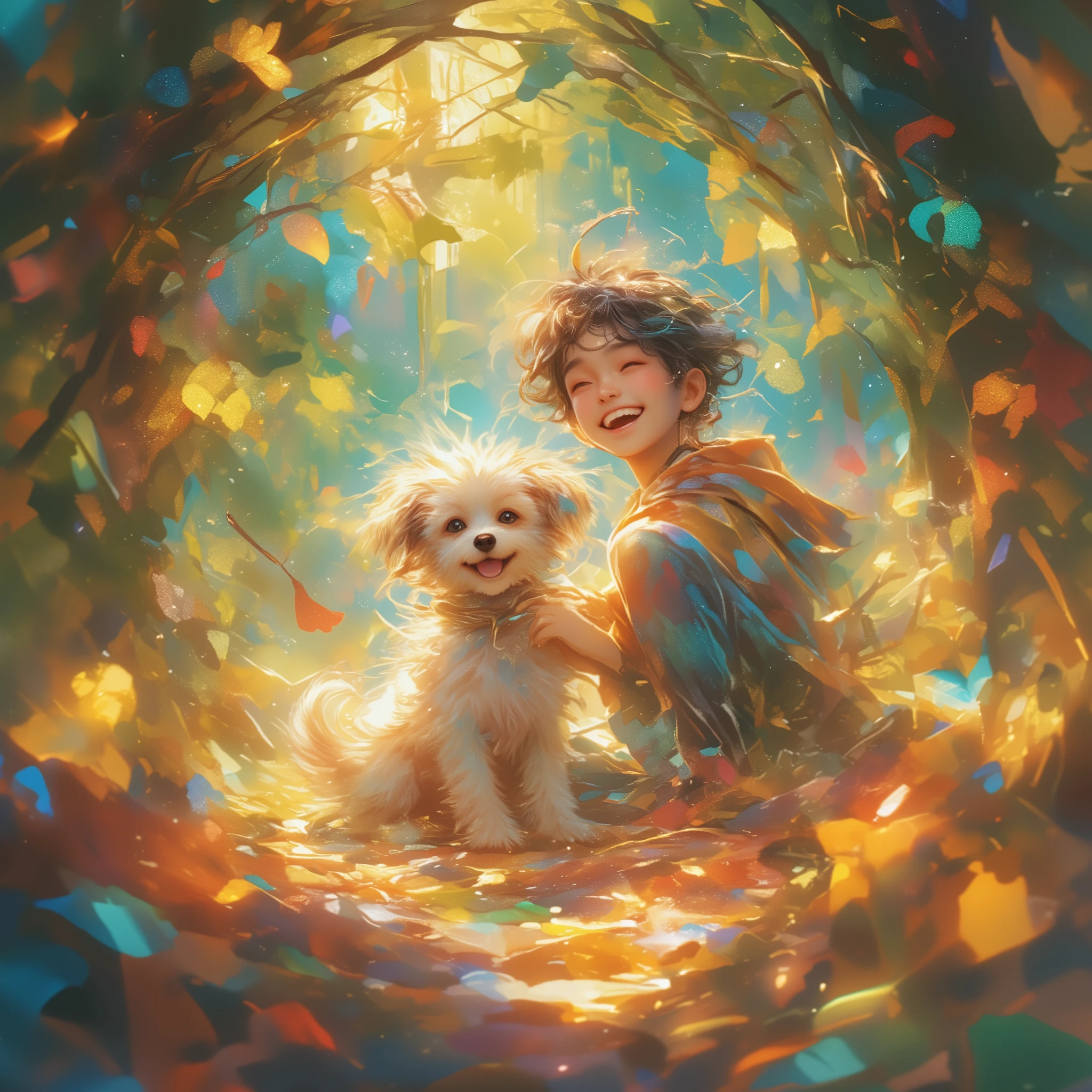 {A Maltese puppy smiles happily beside a cute American boy}, Grunge, Photorealistic, Psychedelic, gradation, a vibrant autumn forest with golden, red, and orange leaves carpeting the ground, sunlight filtering through the branches.