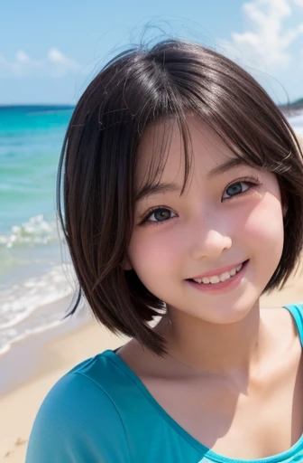 8k、, (highest quality),(RAW Photos), Full body photography、 (Beautiful 9 year old Japanese girl), Cute Face, (Deeply chiseled face:0.7), (freckles:0.4), dappled sunlight, Dramatic lighting, (Denim Sexy Fashion), (At the Beach), shy,, (smile),, (Sparkling eyes)、(sunlight)