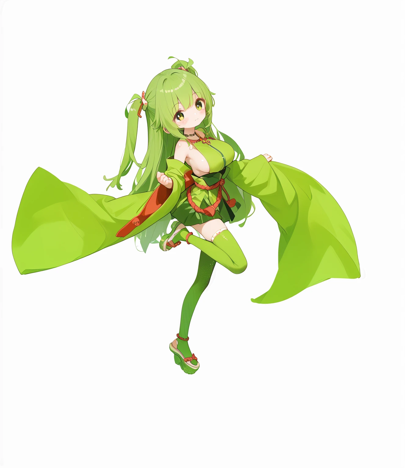 Human Dodaitos Pokemon; super breasts;full body;Costumes inspired by Dodaitos Pokemon;;female;;red eyes green hair;No background;background white;thick thighs;Brown tights;green umbrella