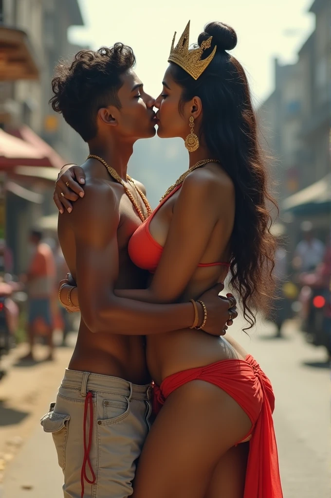 a real Indian 23 year old boy and 16 year old beautiful slim naked girl, boy kissing in girl nack, have a big boobs there are some other people on the road, front facing , the background behind the boy and girl is blurred, beautiful realistic photo, very beautiful photo, 4k hd realistic image.