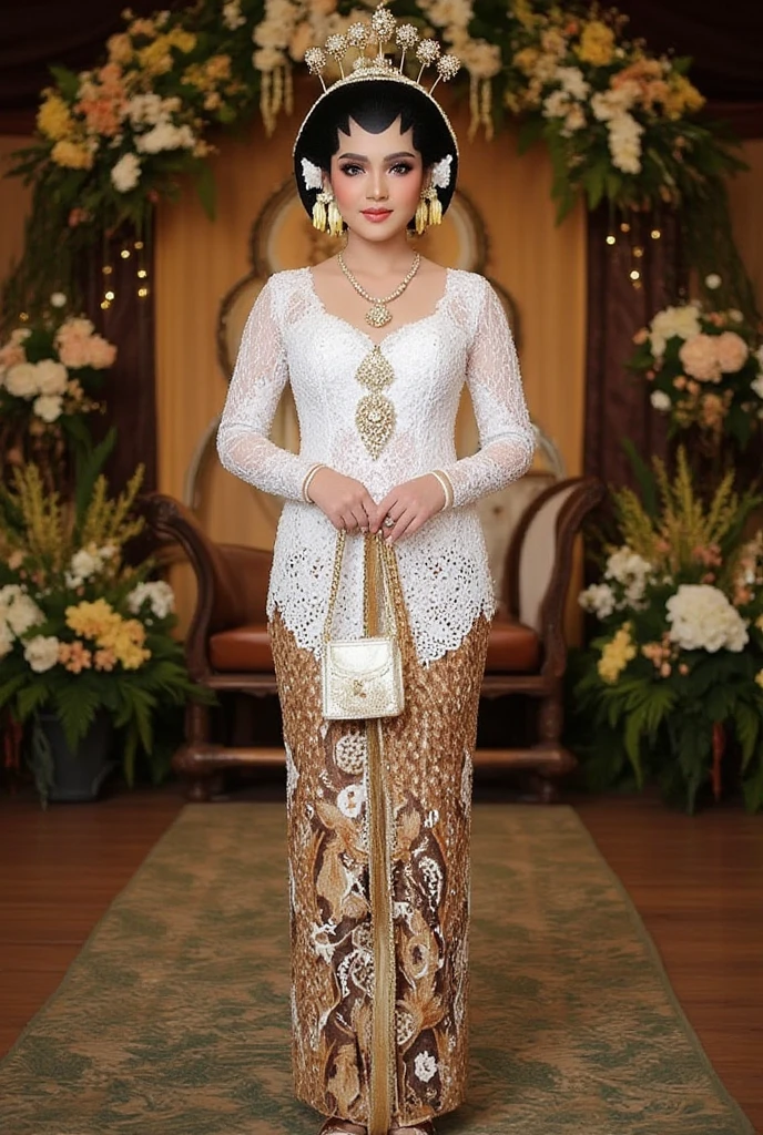 (masterpiece, best quality:1.2),Hyperrealistic photo, high resolution, ultra HD 16k image quality, image details show a beautiful Indonesian woman with, the woman hijab is neatly arranged in a Javanese bun with a crown ornament of small jewelry towering upwards with intricate and luxurious motifs, a charming face with professional make-up, the woman has glamorous white skin combined with a traditional Javanese kebaya in white with gold embroidery in intricate motifs, wearing brown and white batik cloth bottoms and luxurious heels with matching colors, the image contrast ratio is 7: 1 combined with a background of a luxurious decoration of a wedding stage with flower decorations, green leaves and small colorful lights, the woman stands gracefully towards the camera with a smiling facial expression, holding a small luxurious bag, in front of her is a green leafy flower decoration on a growing white floor, the image shows the whole thing with the effect of expanding the camera, very detailed, a bright, bright and perfect color combination. the handsome man, wears a white beskap shirt, a batik patterned sarong, a bendo cap, sheathed dagger 
(masterpiece, best quality:1.2), A beautiful young woman in traditional Indonesian clothing, featuring intricate patterns and bright colors, poses gracefully. She wore an elaborate necklace, bracelets and rings, with her hair tied back. neatly and decorated with small white flowers. The background features richly carved wooden elements, perhaps inside a traditional house or pavilion, with cultural artifacts and musical instruments around it.. " crawl pose, holding luxuriously flowers,flower colorful decorations background