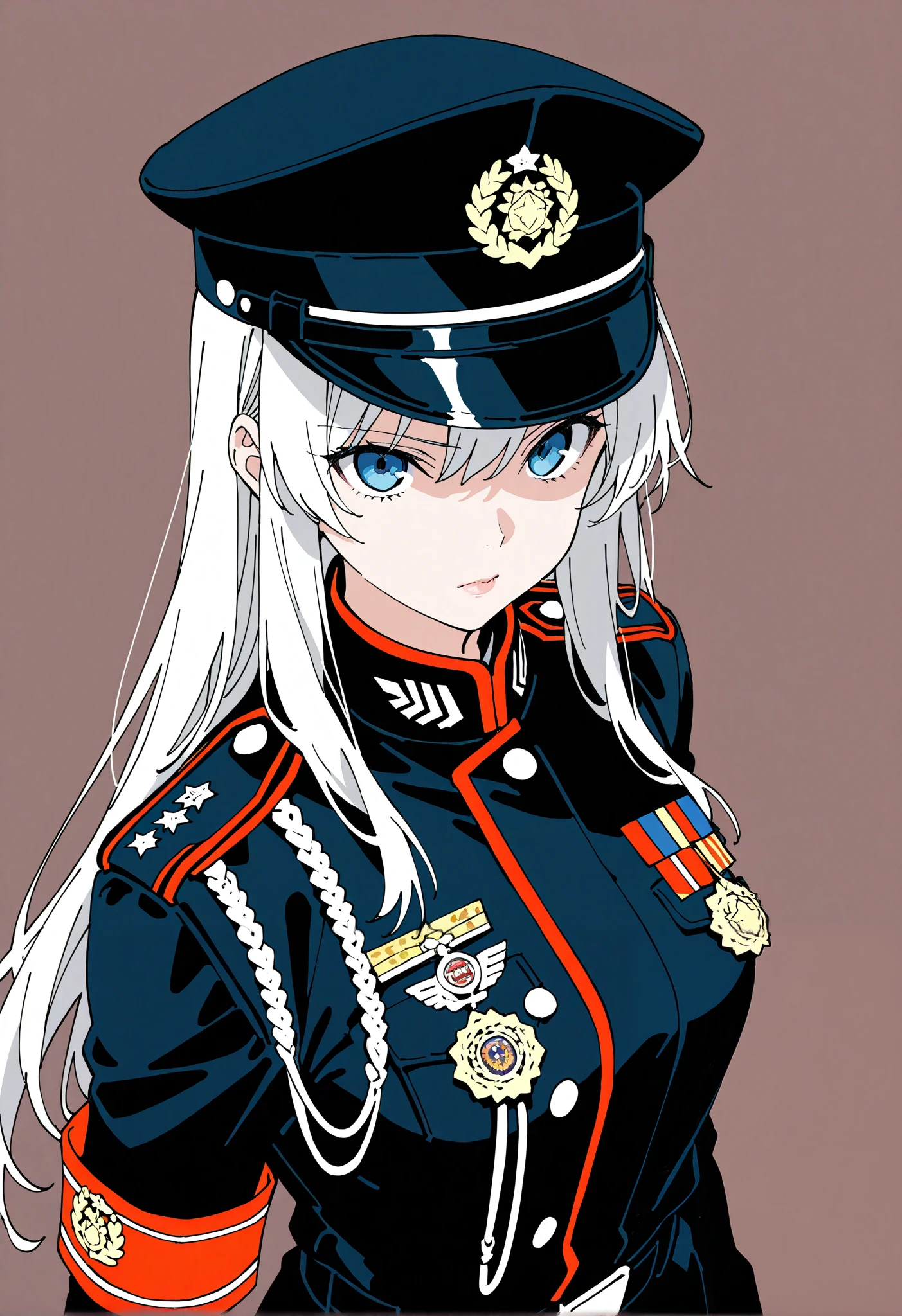 1girl, officer, long hair, Komisar's cap, white hair, blue eyes, lips, cowboy shoot, decorated uniform, black uniform with slightly white and red accent uniform, medal, badges, serious, simple background, aesthetic, flat shading, flat color, detailed texture, angle view, warm color, central composition, intricate detail, masterpiece, best quality, ultra detailed, 4K ,UHD