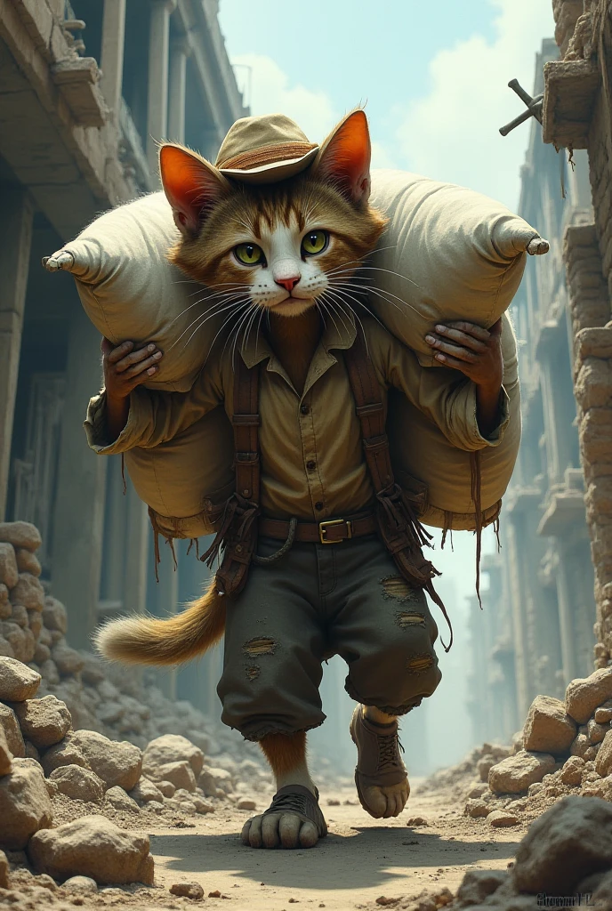 make a picture of a cat carrying cement on a building wearing a shabby hat and wearing torn clothes with a sad face, right?