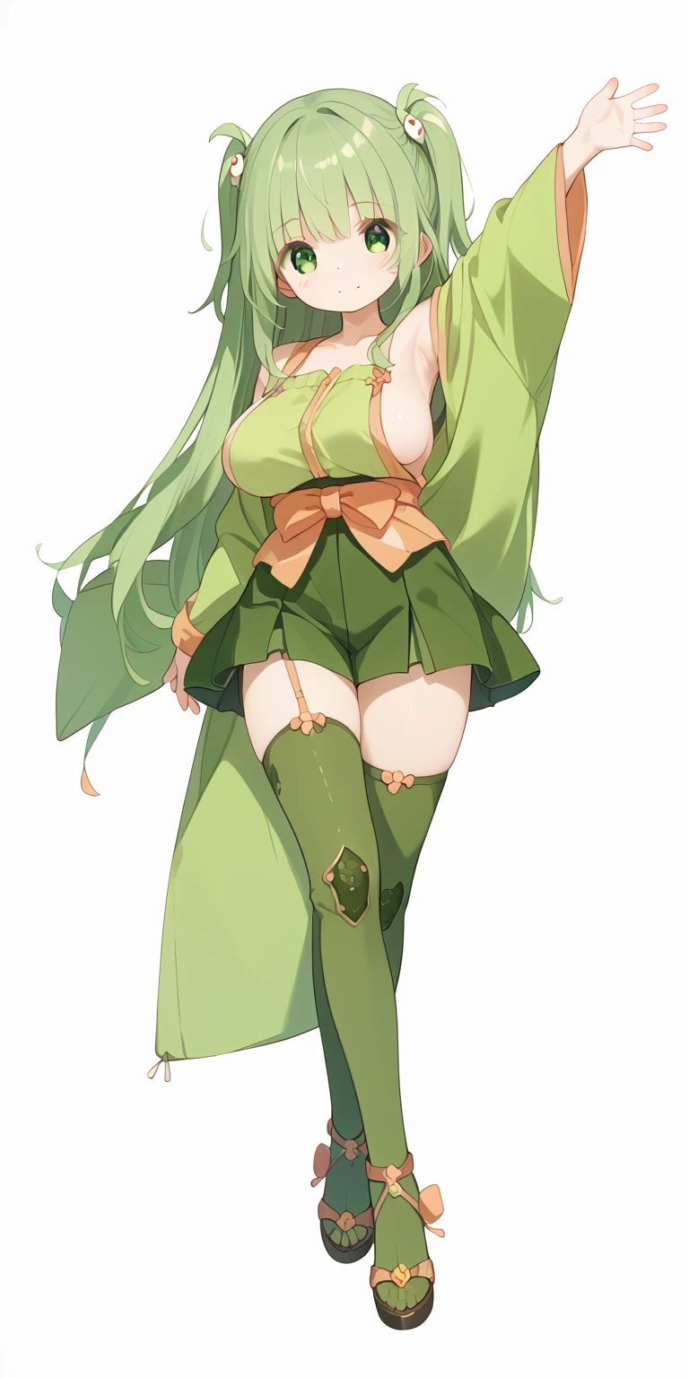   high resolution,    1 girl,   detailed description、Green kimono 、Big Breasts、 two side up、  long hair、 cute、 cute顔、Exposing side boob、Exposing armpits、Open your hands、 exposes shoulders、 knee-high、Exposing the collarbone 