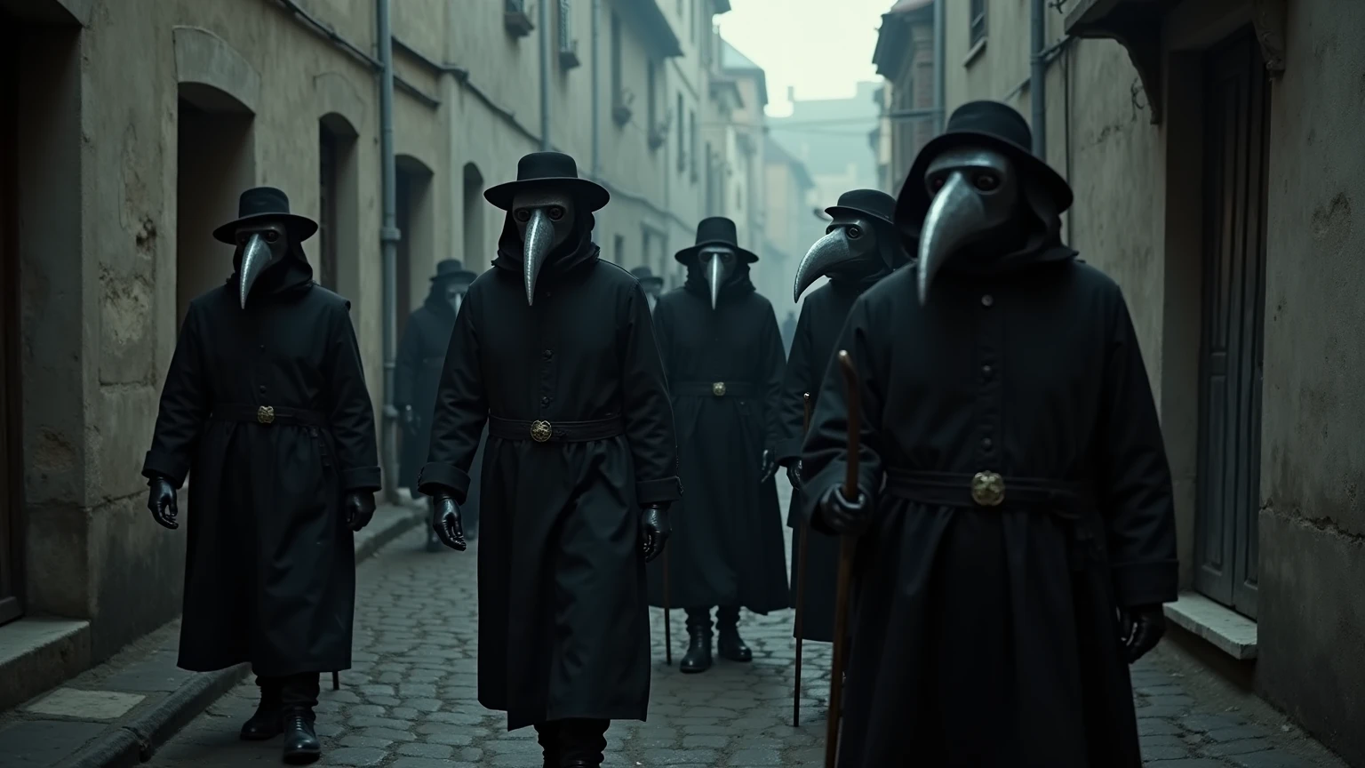 Depict a medieval plague doctor walking through a village ravaged by disease and death. Show the doctor's stoic expression as he navigates the chaos around him, with bodies lining the streets and despair etched on the faces of the survivors. The scene should convey a sense of dread and hopelessness, with dark and evil overtones