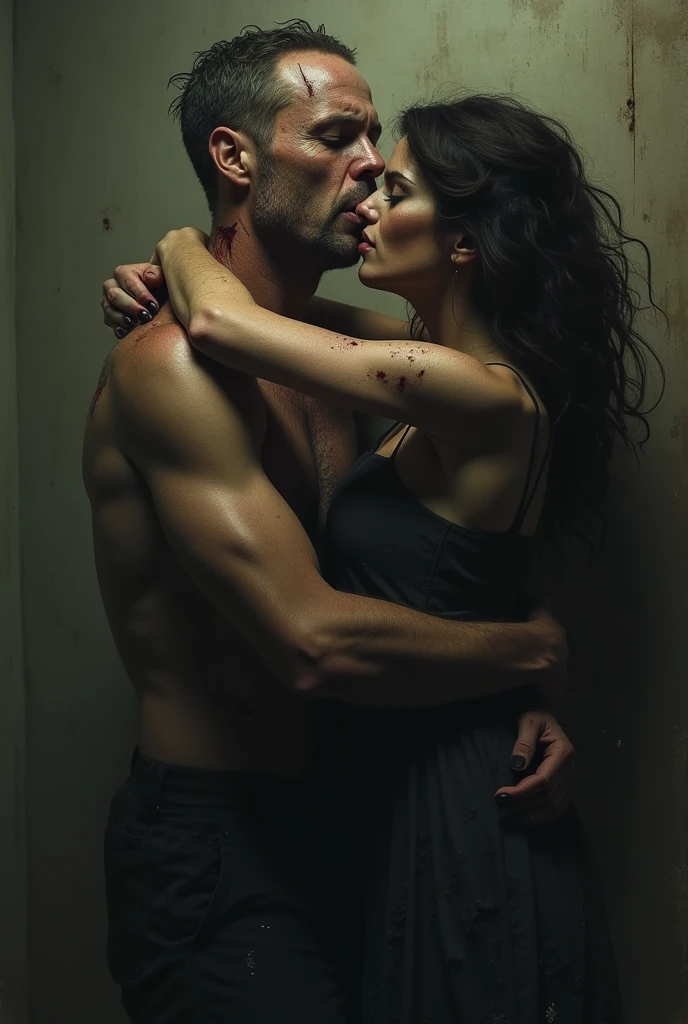 A curly-haired Latino guy with a goatee on a skinny Latina girl wearing a skirt and barefoot, The girl is tied up and scared while the boy holds her feet, the load