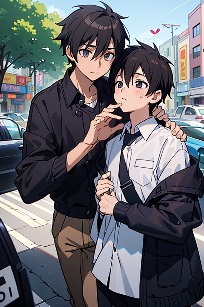 a very wealthy handsome 10 year old young boy and his old father dressed in a suit sitting in a car