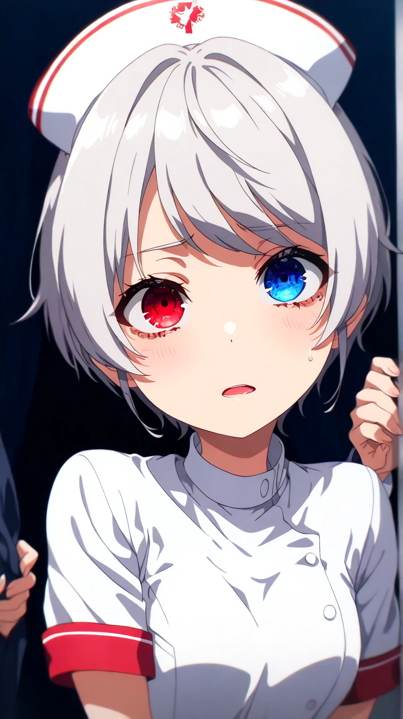 auto-destructive art, 1girl,solo focus, creepy kawaii, anime vibes, Short hair, silver-white hair with a slightly messy style and side-swept bangs.Heterochromia iridis),(left eye,Red eyes),(right eye,blue eyes), half body detailed, nurse outfit, half body detailed, A young nurse wearing a classic white uniform and a nurse cap, Her expression is intense and slightly intimidating, l