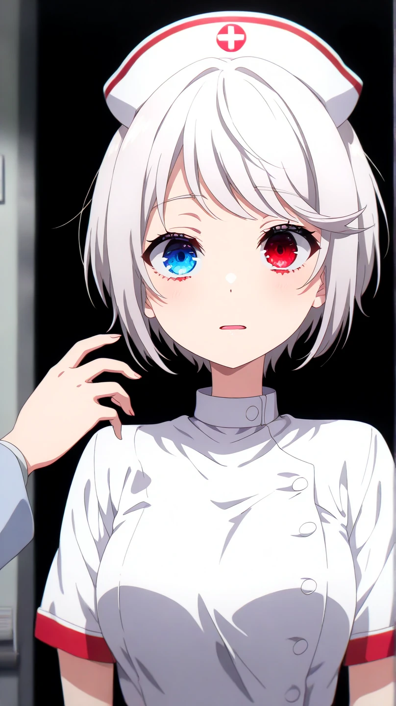 auto-destructive art, 1girl,solo focus, creepy kawaii, anime vibes, Short hair, silver-white hair with a slightly messy style and side-swept bangs.Heterochromia iridis),(left eye,Red eyes),(right eye,blue eyes), half body detailed, nurse outfit, half body detailed, A young nurse wearing a classic white uniform and a nurse cap, Her expression is intense and slightly intimidating, l