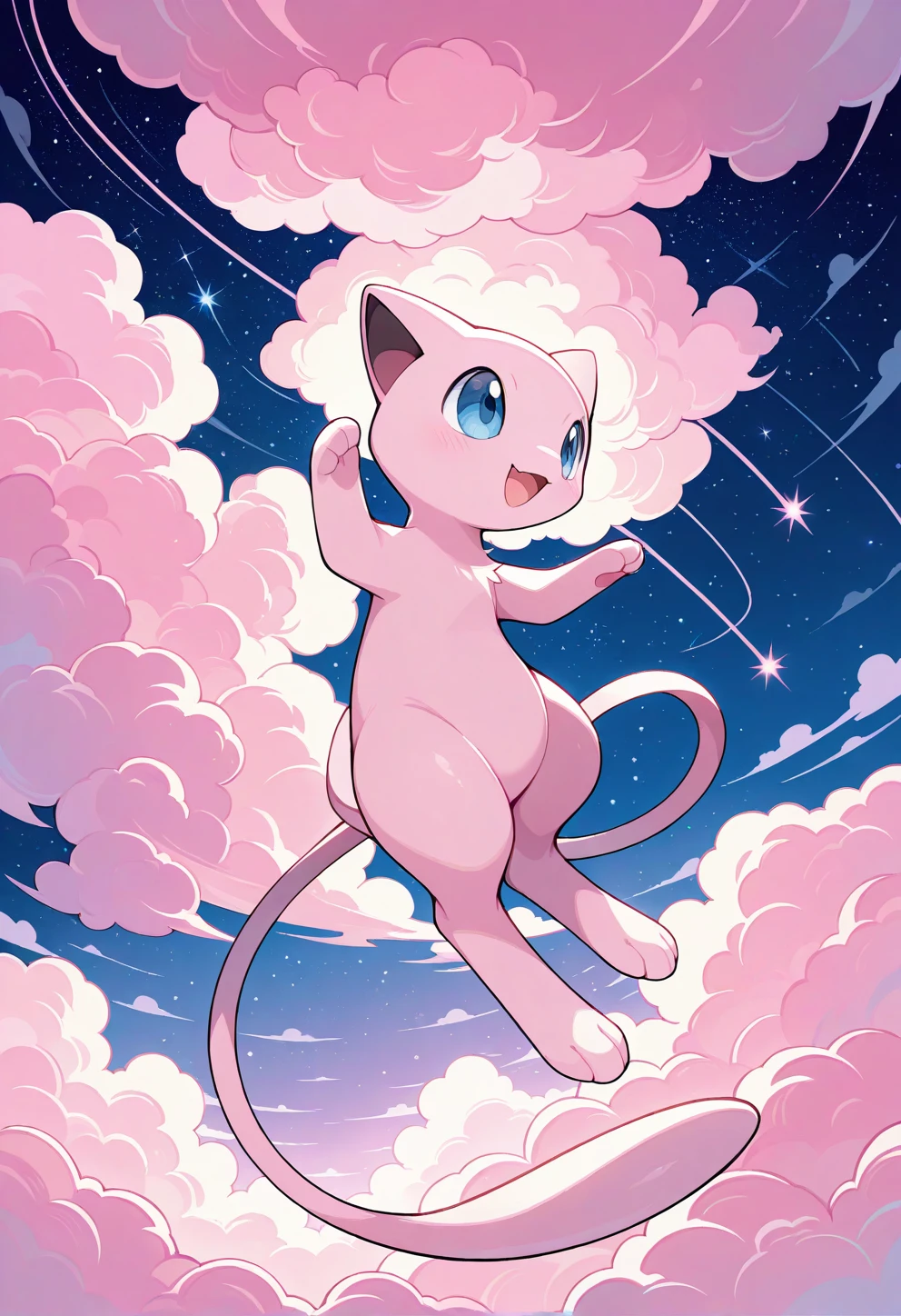 pokemon, Mew two,  soft pink , dynamic color, starry sky, puffy cloud, adorable,  happy, Mew, magical fantasy, furr, fuzzy furr, floating on air, pink cloud