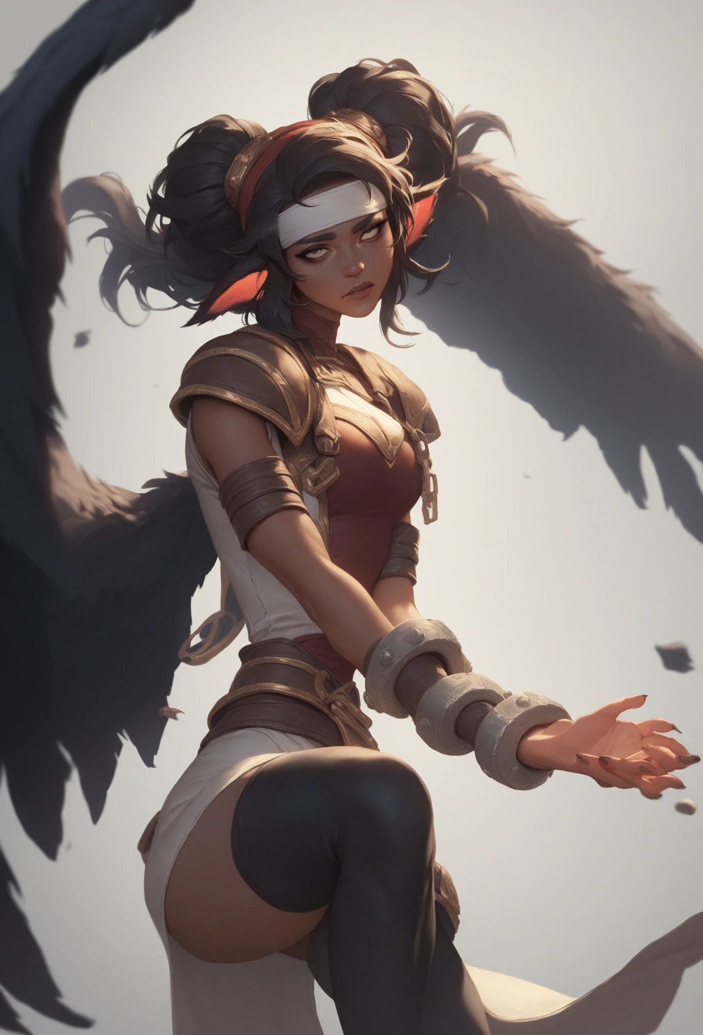 score_9, score_8_up, score_7_up, score_6_up, score_5_up, score_4_up, yordle female, a dubious little creature with rich, dark brown skin and soft, voluminous black curls that frame her face and fall around her shoulders, Her hair is styled with a simple white headband that adds a delicate touch to her appearance, Her eyes are covered by a white blindfold, lending an air of mystery and serenity to her expression, adding a unique detail to her features, She sitting hands to her knees, as arcane shackles are on her coming from a portal from near her, her big black wings are folded behind her, The character's attire is black puff shoulder like a jester and black thigh leggings and an skirt, suggesting softness and elegance. The background is just a white background, 