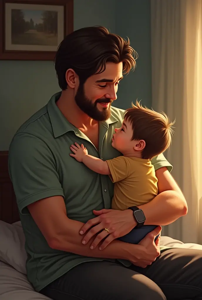 The young father is happily picking up the with cute eyelids --auto --s2