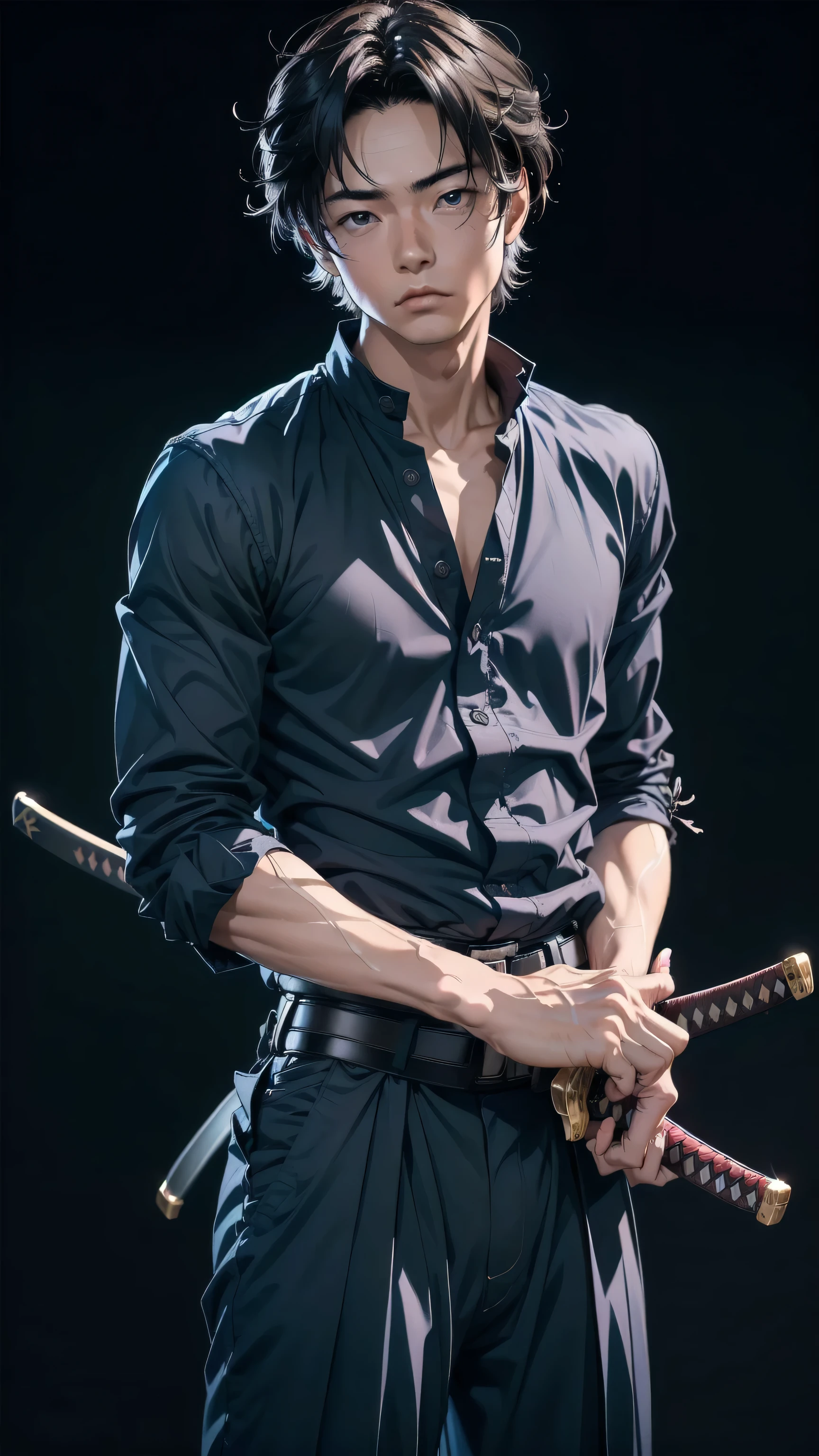 masterpiece, best quality, 1boy, solo, ((tsume-eri gakuran boy japanese school uniform)), ((top quality, ultra-detailed, high resolution, extremely detailed CG, unity 8k wallpaper, by famous artist, perfect anatomy, super detailed skin, cinematic lighting, UHD, retina, anatomically correct, 1080P)), (Please draw a single one boy wielding a katana with no backgroun:1.3), ((1boy)), (Solo, face,18-year-old:2.0), a high school student, ((full dark hair)) Full limbs, complete fingers, ((perfect fingers, perfect arms)), very masculine, fitness, manly, small butt, Beautiful detailed full dark eyes, perfect eyes, (Detailed Lighting), full body view, standing, single guy (one guy), ((perfect natural fingers and hands)), ((front body view:1.5)), ((full katana:1.5)), ((one single perfect long shape katana:1.3)), ((The katana must be well drawn, from the tsuba to the saya)), ((completely black background with no backlight:1.5)), ((view from the front:1.5)), ((masculine)), ((showing the front of the body:1.5)), ((school unifrom navy shirt and pants))