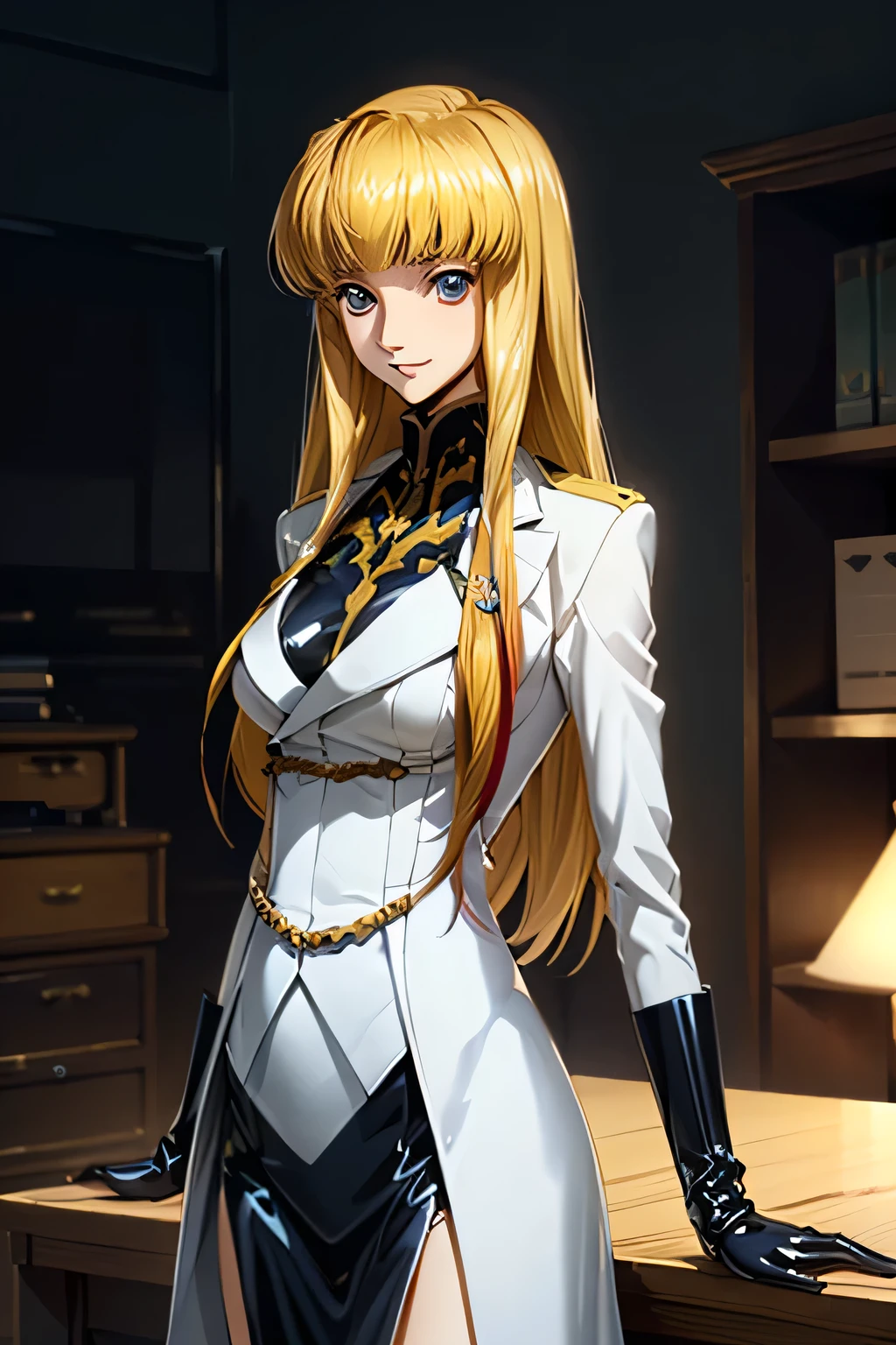 perfect anatomy top quality , Highest Resolution ,(((white latex military uniform with metallic luster Shiny Blonde Dark blue eyes))) Code Geass Monica long hair straight expressionless flat chest woman smile Office