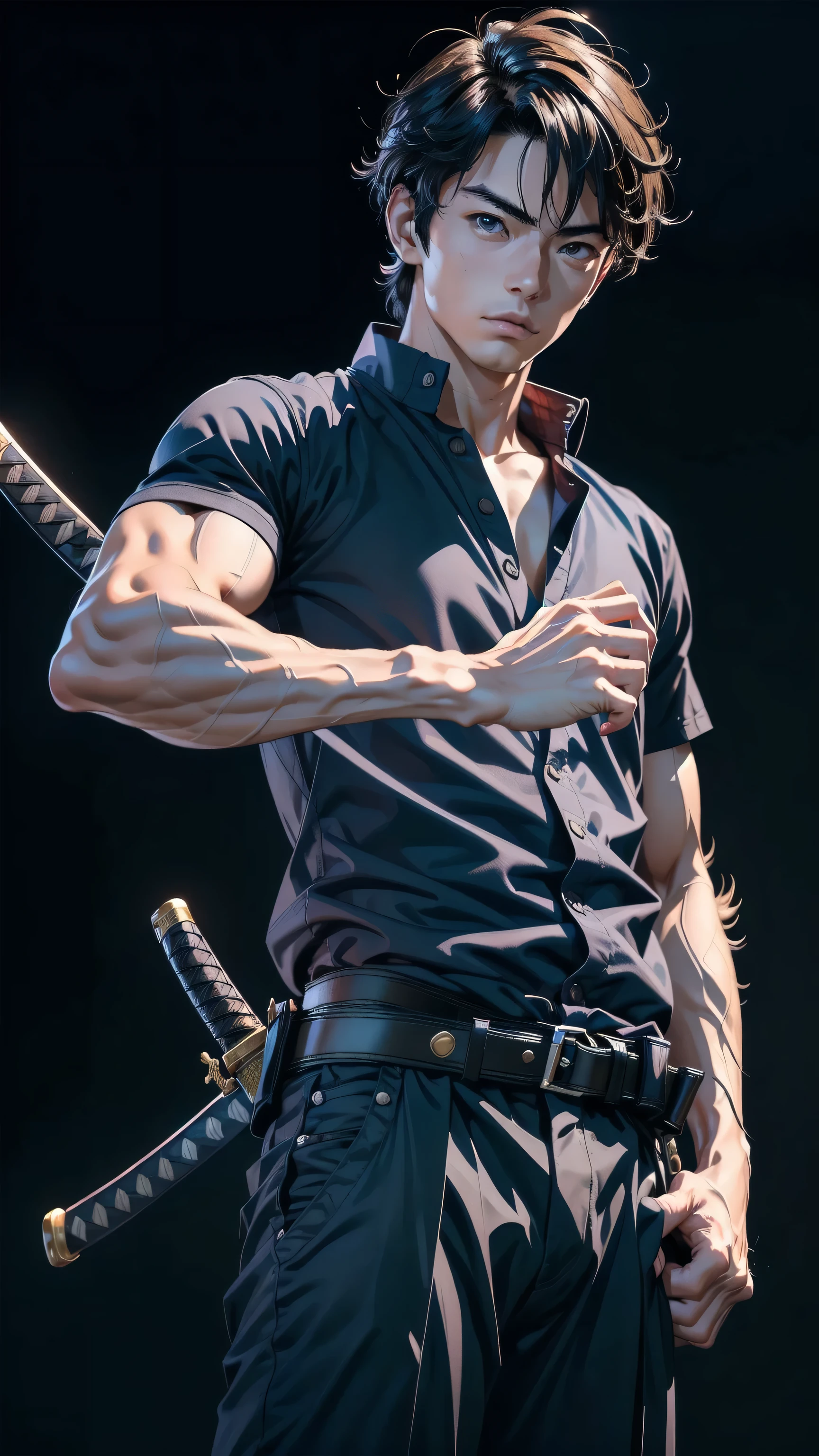 masterpiece, best quality, 1boy, solo, ((tsume-eri gakuran boy japanese school uniform)), ((top quality, ultra-detailed, high resolution, extremely detailed CG, unity 8k wallpaper, by famous artist, perfect anatomy, super detailed skin, cinematic lighting, UHD, retina, anatomically correct, 1080P)), (Please draw a single one boy wielding a katana with no backgroun:1.3), ((1boy)), (Solo, face,18-year-old:2.0), a high school student, ((full dark hair)) Full limbs, complete fingers, ((perfect fingers, perfect arms)), very masculine, fitness, manly, small butt, Beautiful detailed full dark eyes, perfect eyes, (Detailed Lighting), full body view, standing, single guy (one guy), ((perfect natural fingers and hands)), ((front body view:1.5)), ((full katana:1.5)), ((one single perfect long shape katana:1.3)), ((The katana must be well drawn, from the tsuba to the saya)), ((completely black background with no backlight:1.5)), ((view from the front:1.5)), ((masculine)), ((showing the front of the body:1.5)), ((school unifrom navy shirt and pants))
