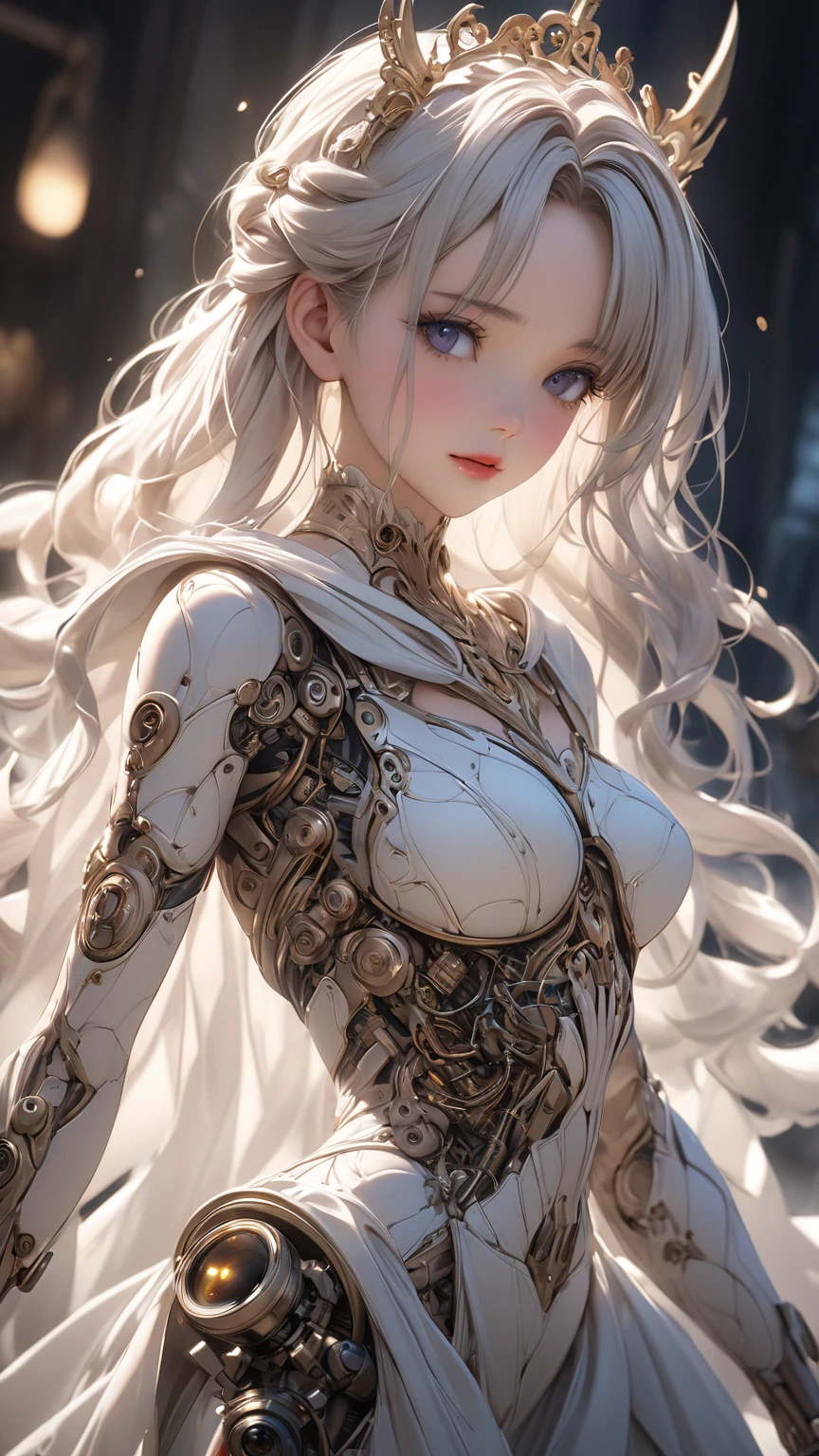 (masterpiece), (best quality), 8k resolution, 1girl, Asian girl, stunning beauty, perfect face, perfect body, mature female, 20yo, sexy, mecha armor, deer ear, huge deer horns, long hair, white hair, simple background