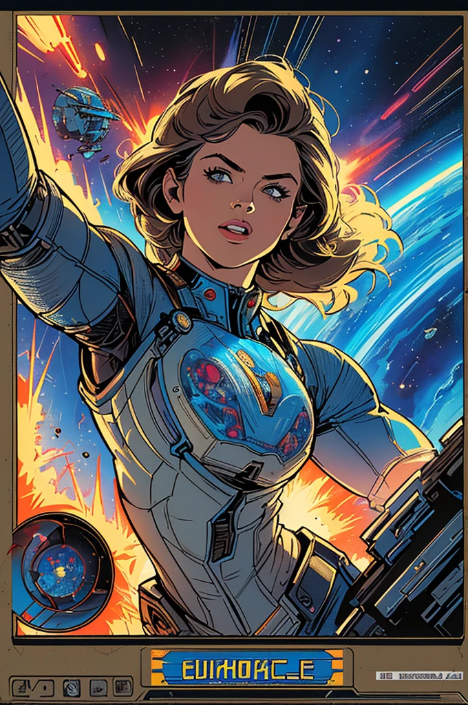 (((Top Quality Masterpiece ))),(((solo:1.2))),((( 1 woman :1.2))), 32K Highly Detailed Wallpaper , Retro Vintage Style ,(dynamic Angles),((( overwhelming highlights))),((most complex machine)), American comics with a very flashy color scheme,80s space thriller movie poster ,70s movie poster,(((Detailed and perfect woman ))),((( bust up))),((( Detailed Bioscience Technology))),(((Extremely Massive Explosion )))