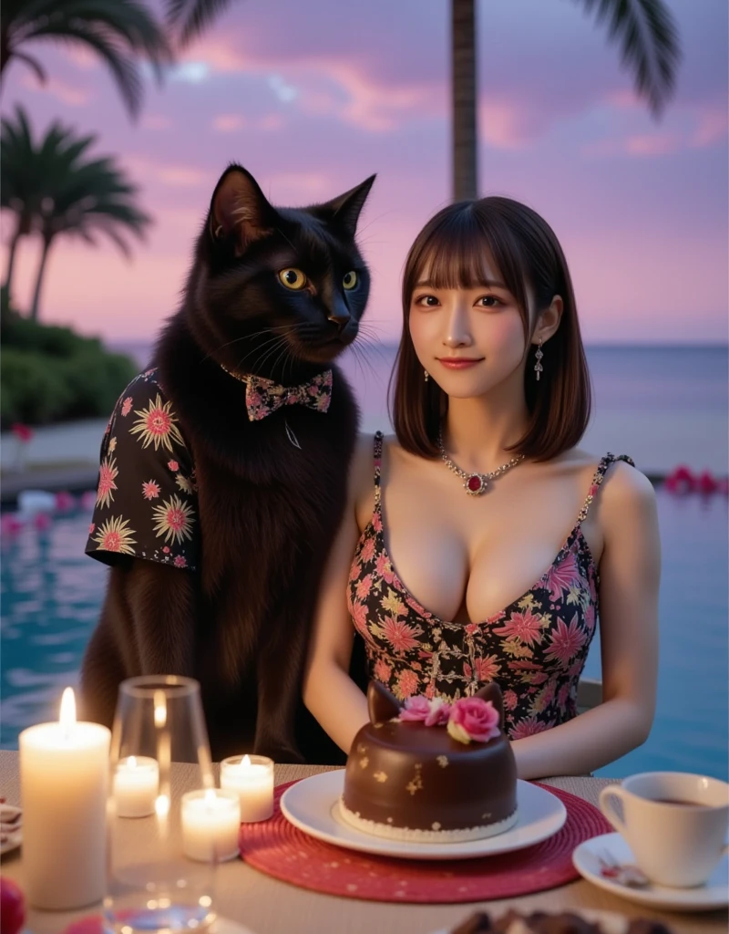 ultra-realistic, photorealistic, dramatic scene, shadow, global-illumination, solo, 1 girl\( 20 years old Japanese beautiful girl, beautiful with cute face, big breasts, wearing tropical patterned one-piece dress, shoulder-length brown hair, accessories, big smile\), 1 human-like giant black cat\( human-like giant black cat, wearing tropical patterned dark colored aloha-shirt, wearing an aloha-shirt, bow tie, slight taller than the girl, with her, little chubby\), the girl and human-like giant black cat are enjoying their gorgeous dinner desert at the fine pool side restaurant in the luxury resort hotel in Maldives, gorgeous stylish furnishings, famous 5-star hotel, amazing view of the ocean with pool, extremely beautiful sunset, purple and pink sky, many beautiful tropical flowers are floating on the pool, candle, (a cute cat's face shaped large chocolate sponge cake with toppings), tea set