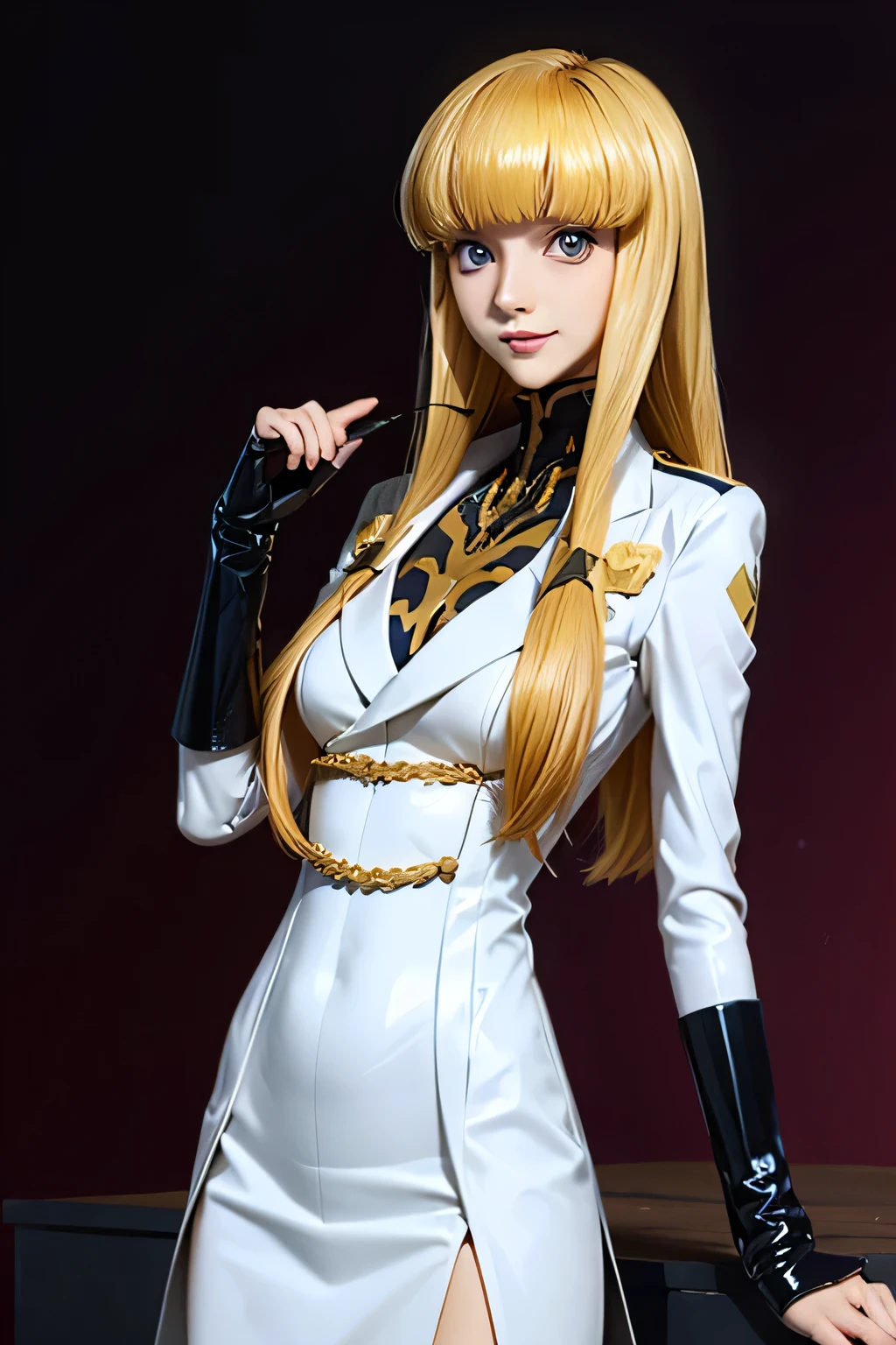 perfect anatomy top quality , Highest Resolution ,(((white latex military uniform with metallic luster Shiny Blonde Dark blue eyes))) Code Geass Monica long hair straight expressionless flat chest woman smile Office