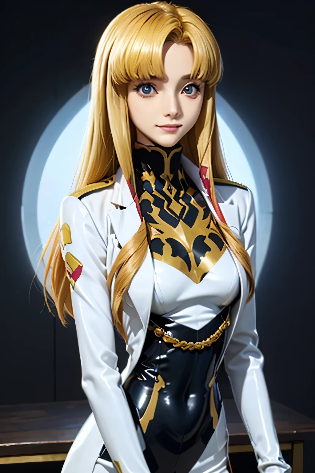 perfect anatomy top quality , Highest Resolution ,(((white latex military uniform with metallic luster Shiny Blonde Dark blue eyes))) Code Geass Monica long hair straight expressionless flat chest woman smile Office