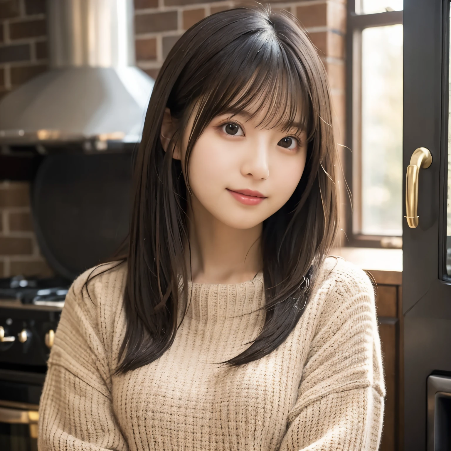  oversized beige knit sweater, Above chest, Place the stove with a blurred background,  soft natural light ,  looking at camera,  warm and friendly vibe ,  girl, busty,  black hair,  straight hair,  with bangs, 's greatest masterpiece,  professional lighting