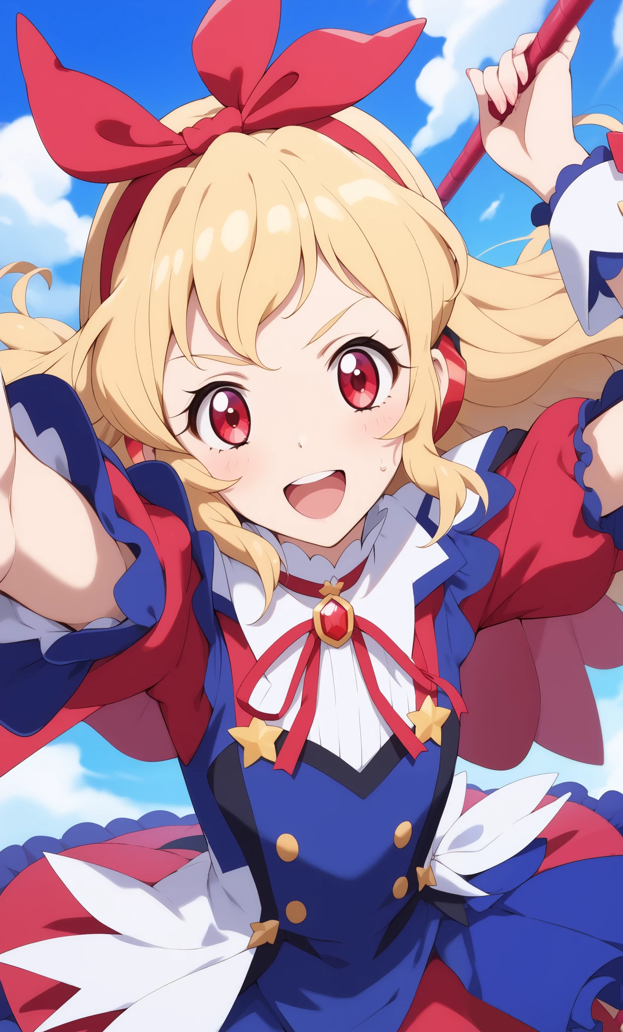 (Red ribbon on hairband: 1.2), Aikatsu, 1 girl, Senki Zesshou Symphogear style, blonde, white battle uniform: 2.2, BREAK, ultra-definition, high resolution, ultra-definition CG, caustics, blue sky stage, Up in the sky, singing, arms outstretched to the sky, Red Eyes, from directly above