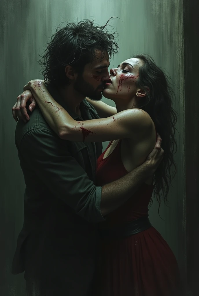 In the crimson room,A bust of a man and a woman hugging together without clothes, 35 mm,Low angle, Photorealistic, ultra-sharpness,ultra - detailed,Capture his melancholy with fluid brushstrokes,The man pinched the woman's neck,The woman holds a knife in her hand