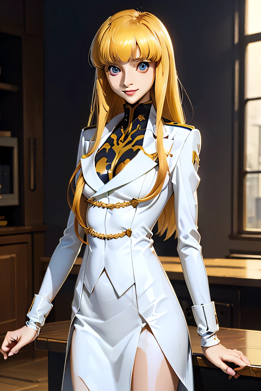 perfect anatomy top quality , Highest Resolution ,(((white latex military uniform with metallic luster Shiny Blonde Dark blue eyes))) Code Geass Monica long hair straight expressionless flat chest woman smile Office