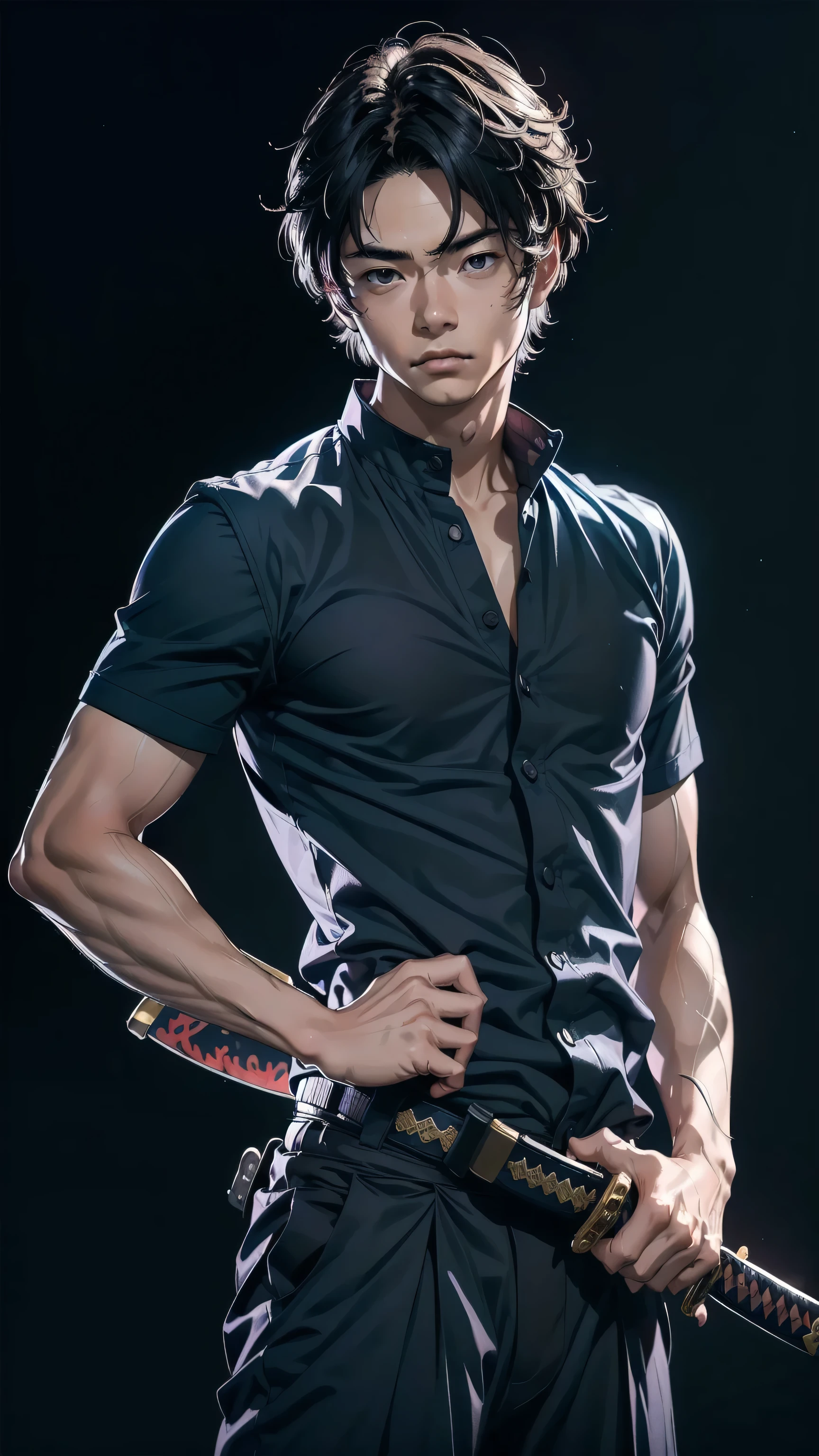 masterpiece, best quality, 1boy, solo, ((tsume-eri gakuran boy japanese school uniform)), ((top quality, ultra-detailed, high resolution, extremely detailed CG, unity 8k wallpaper, by famous artist, perfect anatomy, super detailed skin, cinematic lighting, UHD, retina, anatomically correct, 1080P)), (Please draw a single one boy wielding a katana with no backgroun:1.3), ((1boy)), (Solo, face,18-year-old:2.0), a high school student, ((full dark hair)) Full limbs, complete fingers, ((perfect fingers, perfect arms)), very masculine, fitness, manly, small butt, Beautiful detailed full dark eyes, perfect eyes, (Detailed Lighting), full body view, standing, single guy (one guy), ((perfect natural fingers and hands)), ((front body view:1.5)), ((full katana:1.5)), ((one single perfect long shape katana:1.3)), ((The katana must be well drawn, from the tsuba to the saya)), ((completely black background with no backlight:1.5)), ((view from the front:1.5)), ((masculine)), ((showing the front of the body:1.5)), ((school unifrom navy shirt and pants))