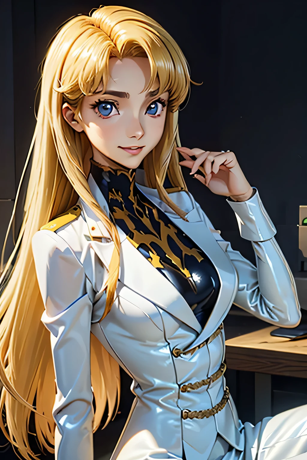 perfect anatomy top quality , Highest Resolution ,(((white latex military uniform with metallic luster Shiny Blonde Dark blue eyes))) Code Geass Monica long hair straight expressionless flat chest woman smile Office