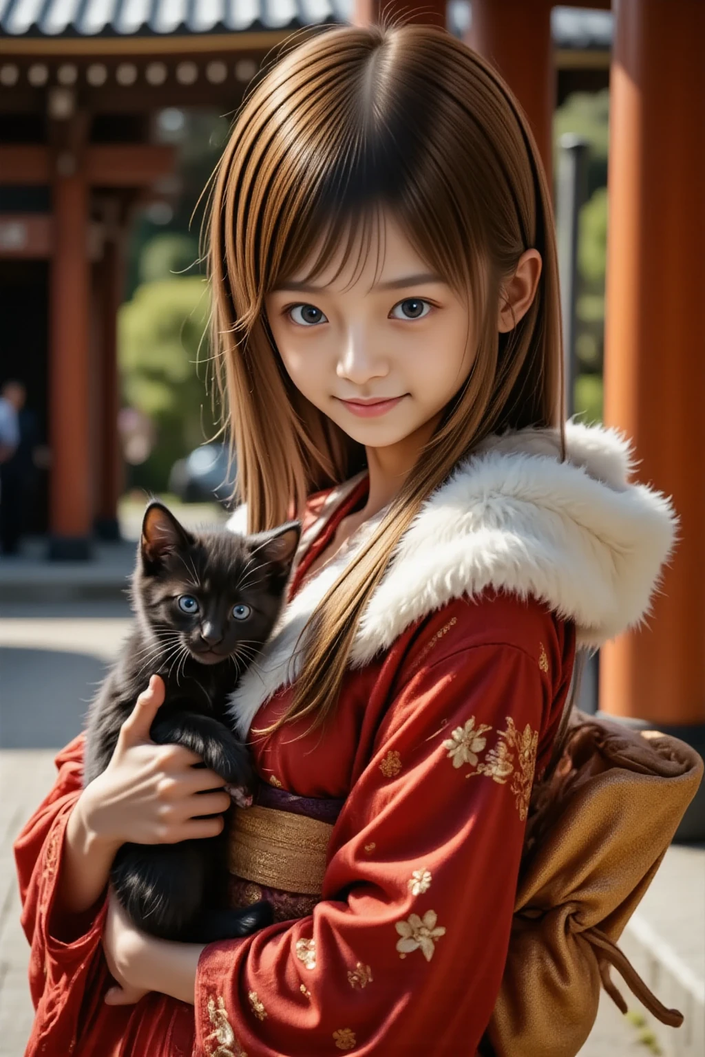 Japanese woman, Eyes in focus, 1girl, Long hair, Light brown hair, Slim figure, High contrast, Fine eyes, Fine hair, Eyes positioned close to nose, 20s, cute gentle smile, 

Japanese Kimono of thick red fabric with floral pattern, intricate detailed gold sash, luxurious fluffy shawl around neck, hairpiece: 1.3, from side, in front of Torii in shrine, holding black kitten with grey eyes.