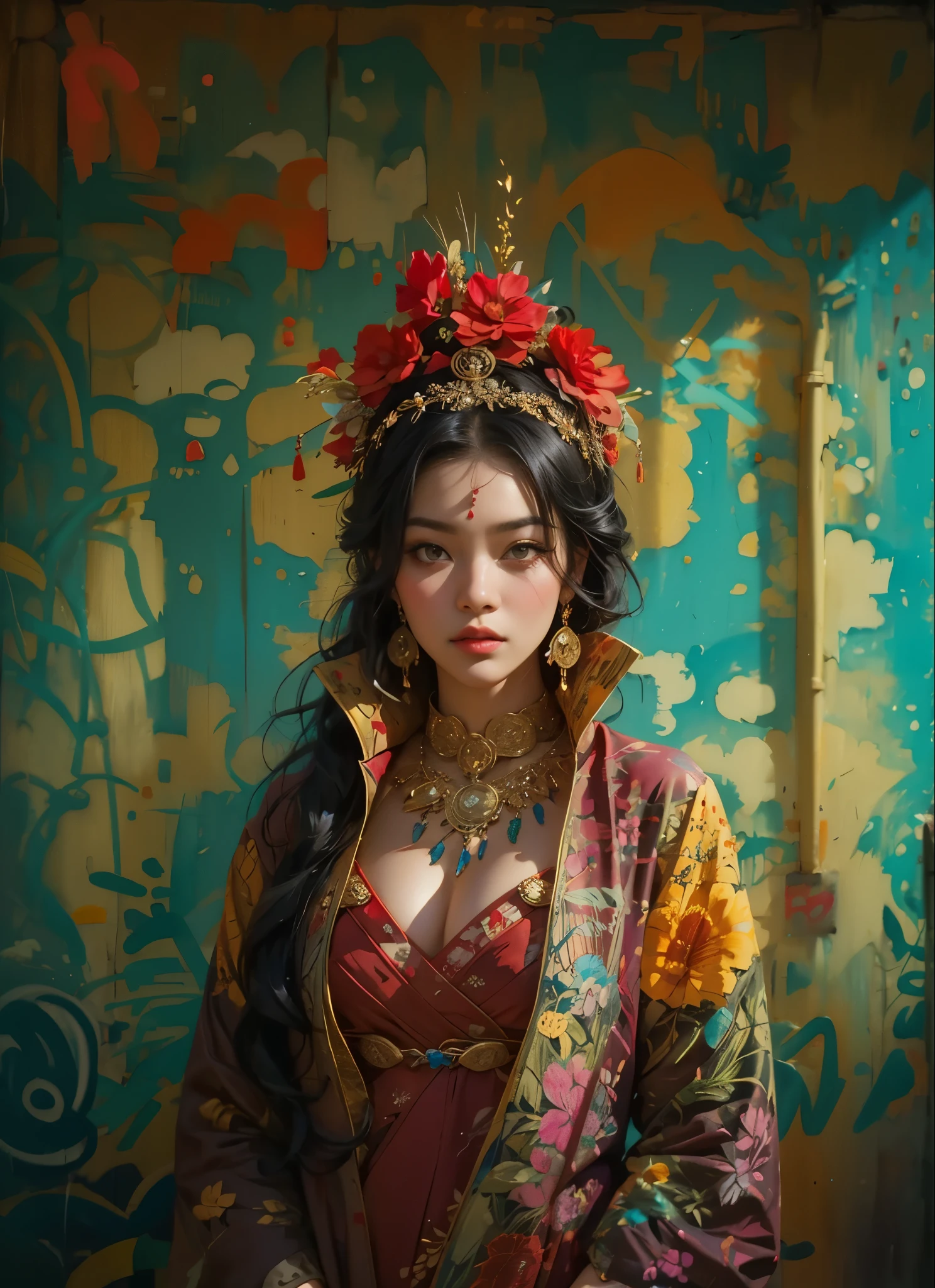 (Sargent style watercolor)、Pop art Japanese futuristic Asian woman, woman in a dress standing in front of simple background, up close, ((Art style by Patrick Nagel)), ((8k, wallpaper, detailed)), dark sunglasses, korean pop-star, black hair, pretty hands, fringe, simple red background, palm trees, (graffiti wall:1.2), strong, courageous, art by Patrick Nagel, album art cover, art by smeglejj
