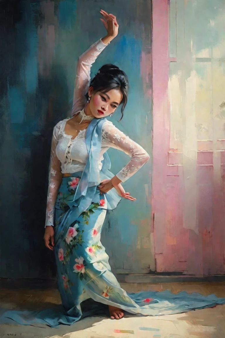 Create a contemporary portrait of a beautiful woman, Myanmar traditional long sleeve white lace shirt and floral long skirt , Traditional Burmese dance in the
expressive and painterly style of Malcolm Liepke,
utilizing a palette of light pink, Red and black,
light grayish blue. The portrait should feature a
close-up of the subject's face with strong, dynamic
brushstrokes and a focus on capturing the depth and
texture characteristic of Liepke's work.Use yellow,light pink and bright
blue for the highlights and vibrant
areas,while employing muted blue, dark
grayish blue, and light
grayish blue to create shadows and
depth. Ensure the background
complements
the portrait with subtle variations of the
same color
palette, evoking a sense of modern
elegance and
emotional intensity