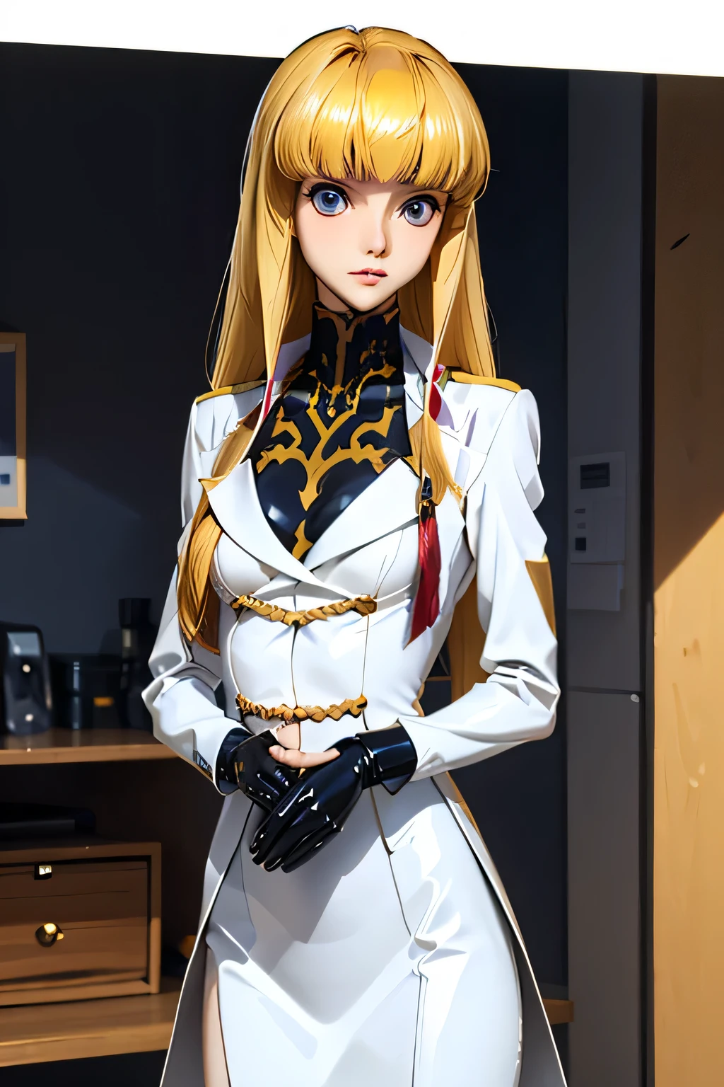perfect anatomy top quality , Highest Resolution ,(((white latex military uniform with metallic luster Shiny Blonde Dark blue eyes))) Code Geass Monica long hair straight expressionless flat chest woman Office