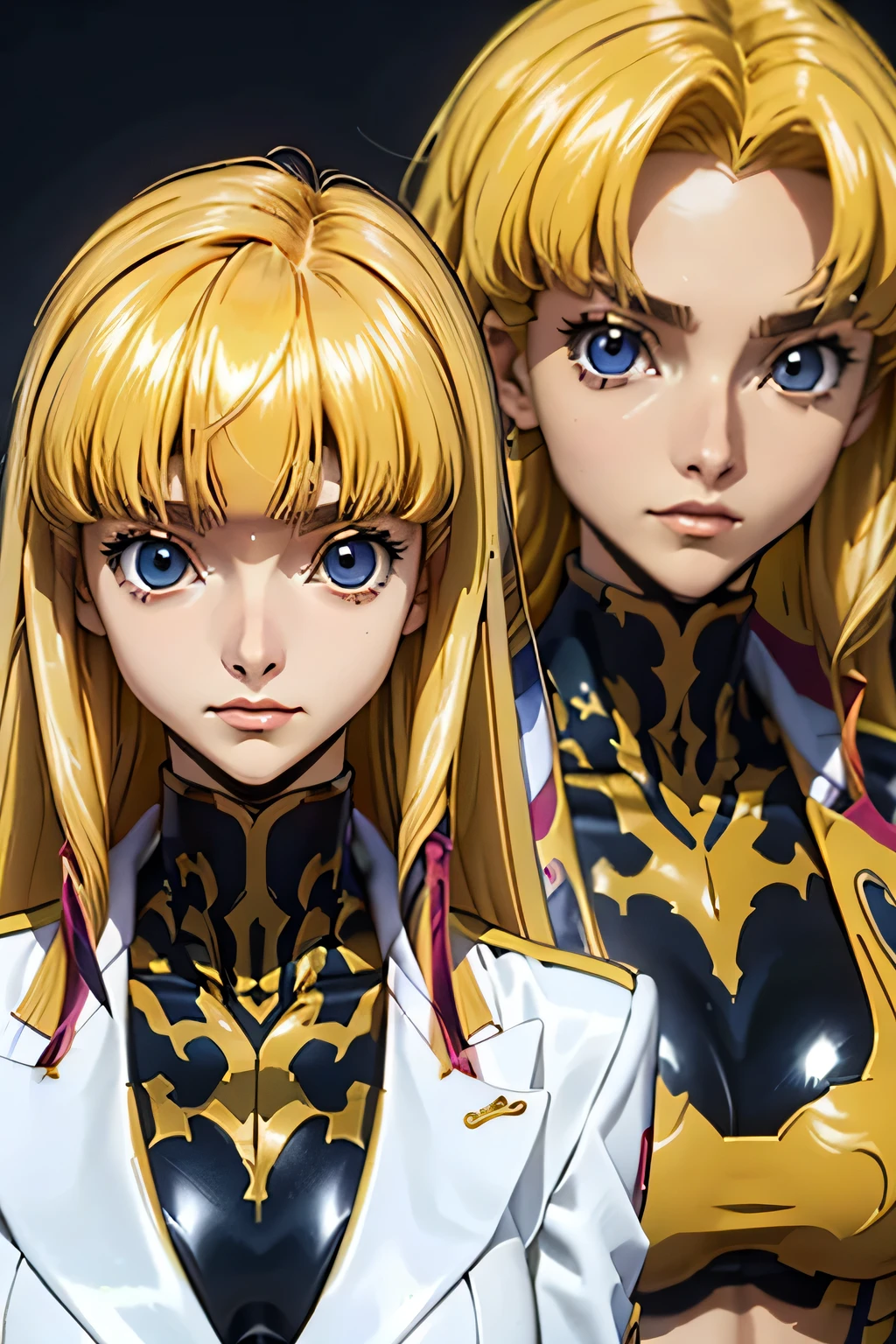 perfect anatomy top quality , Highest Resolution ,(((white latex military uniform with metallic luster Shiny Blonde Dark blue eyes))) Code Geass Monica long hair straight expressionless flat chest woman Office