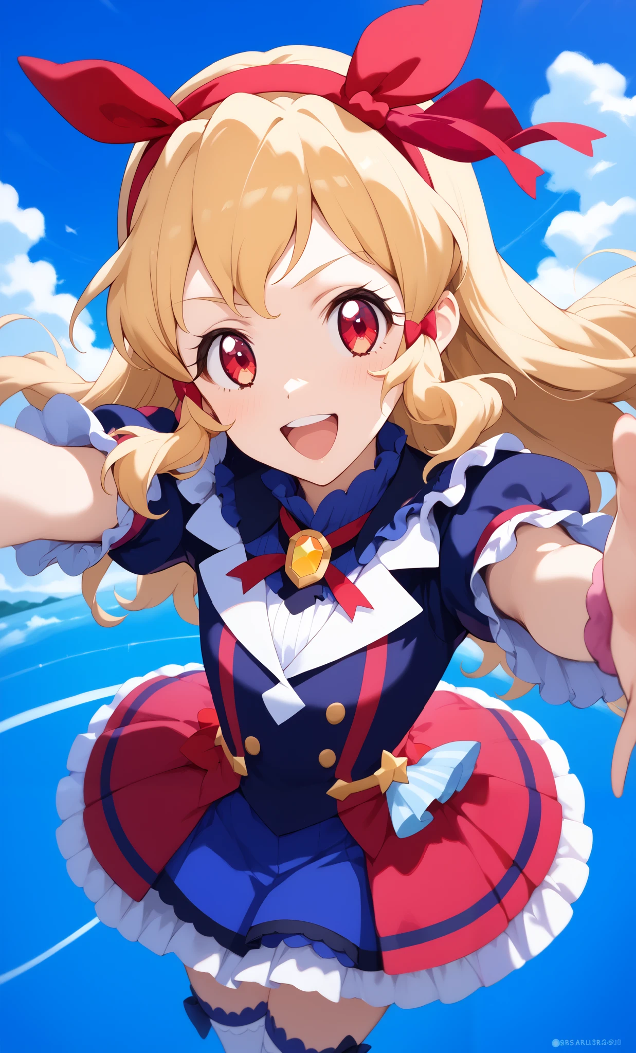 (Red ribbon on hairband: 1.2), Aikatsu, 1 girl, Senki Zesshou Symphogear style, blonde, white battle uniform: 2.2, BREAK, ultra-definition, high resolution, ultra-definition CG, caustics, blue sky stage, Up in the sky, singing, arms outstretched to the sky, Red Eyes, from directly above