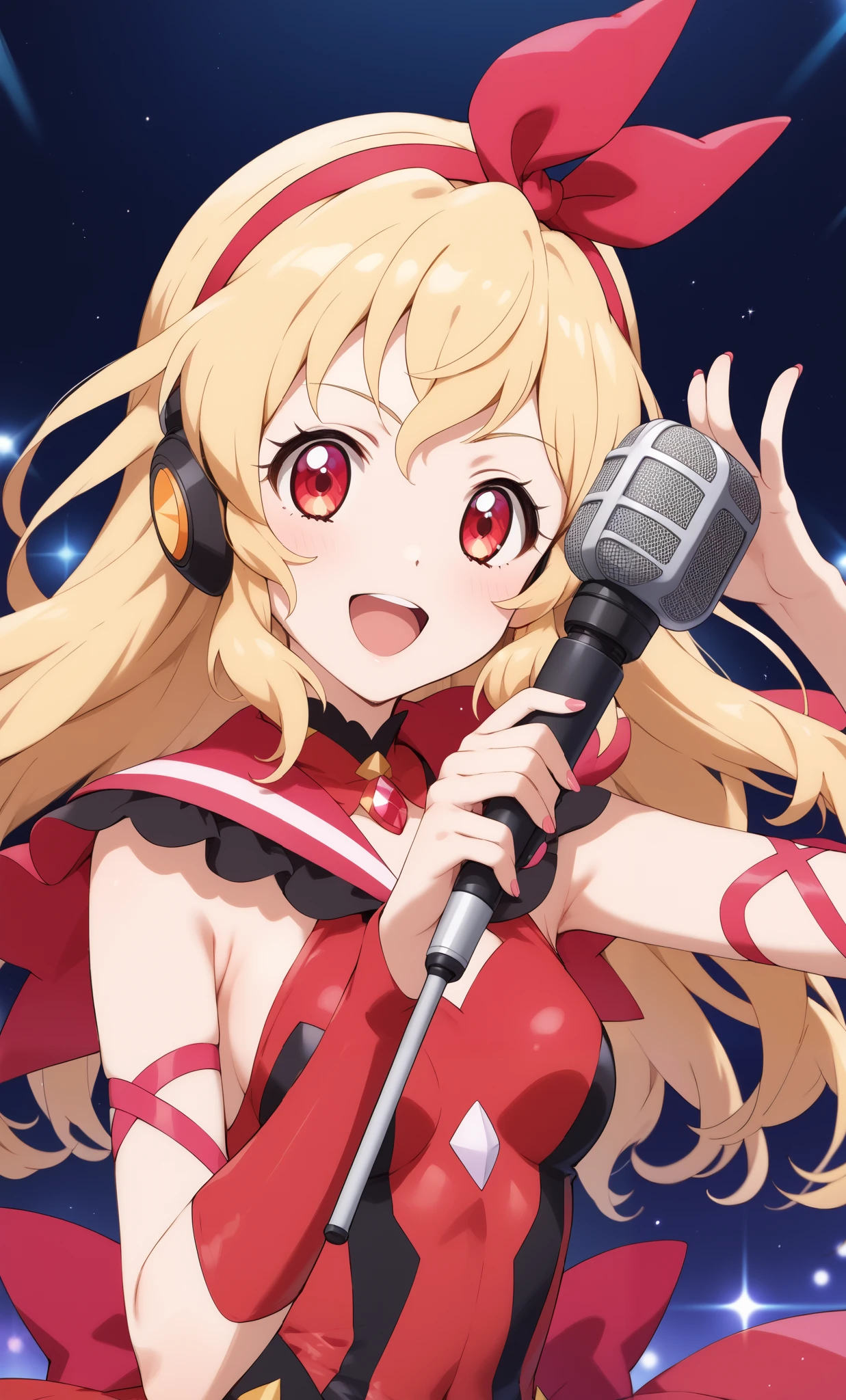 (RED Ribbon on HAIRband:1.2),aikatsu,1 girls,in senki zesshou symphogear style , Blonde hair,Yellow battle suit,BREAK,ultra-definition, high resolution, ultra-detail CG,caustics, Live stage, in front of super large vision, singing, stand microphone ,RED eyes