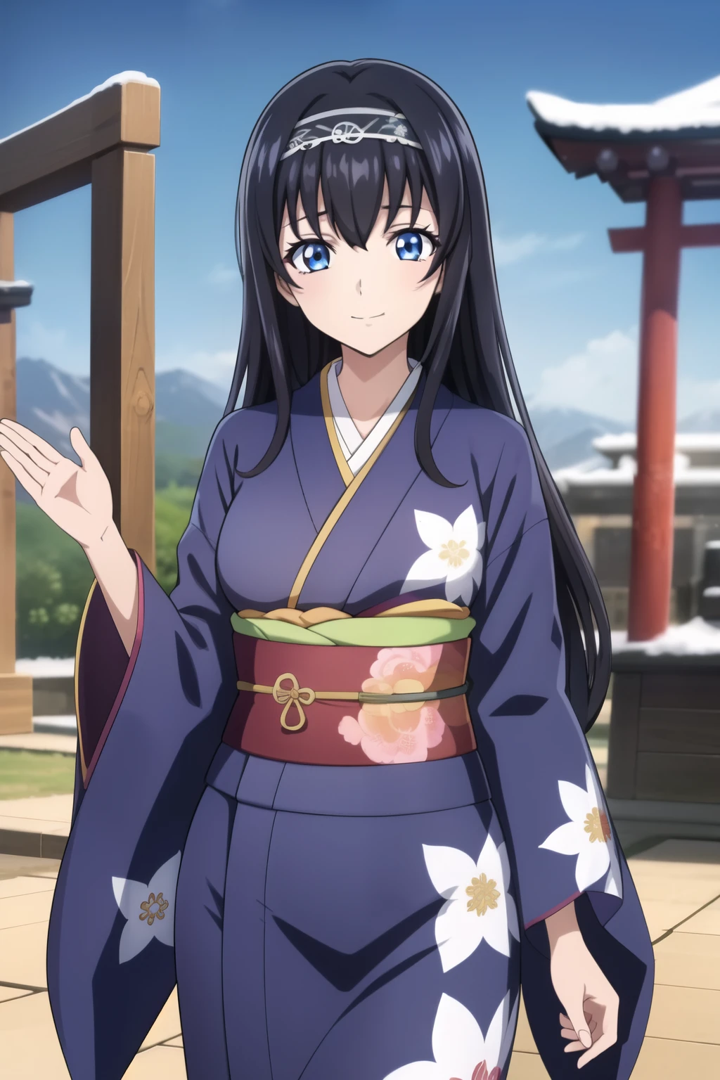 1 girl, cute, black hair, long hair,1girl, ((colorful kimono)), ((floral print)), ((fur scarf:1.0)), long sleeves, smile, hair band, waving, (anime cels style, Masterpiece, best quality, high resolution, anime colored, anime style, anime sharp, 8k), (beautiful blue eyes:1.5), (perfect detailed anatomy, perfect hand, beautiful face, perfect body, shiny skin), winter shrine in the background, cowboy shot