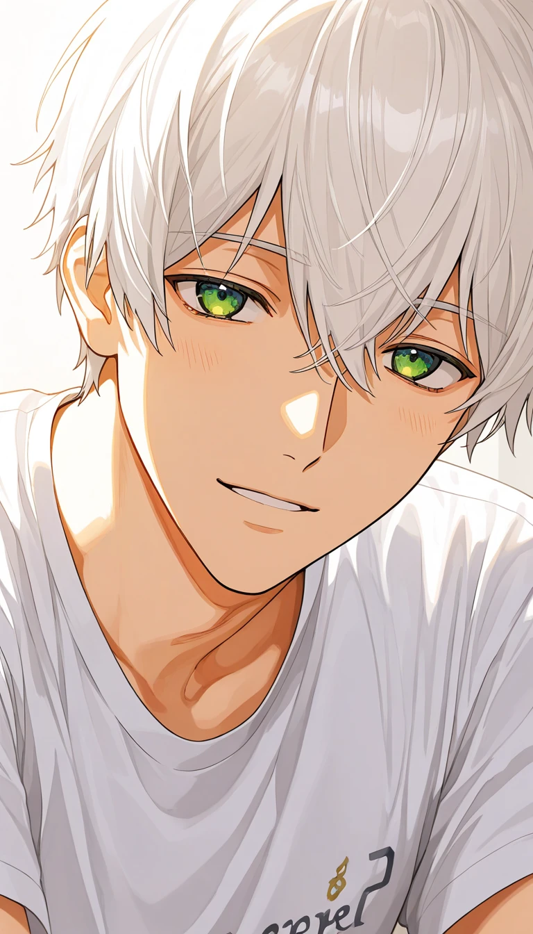 Anime, handsome, A 19 year old boy, Idol, short white hair, green eyes, white shirt, close up look.