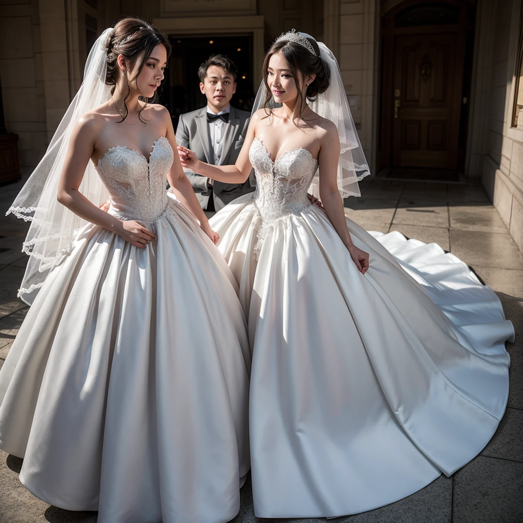 ok, generates a diamond white dress with a fitted lace and beaded corset, which releases the organza fabric and the tulle that highlights the princess cut, with a three-meter train with embroidery on the floor and the back with a U-neckline with dropped sleeves that give it a delicate touch for a favorito