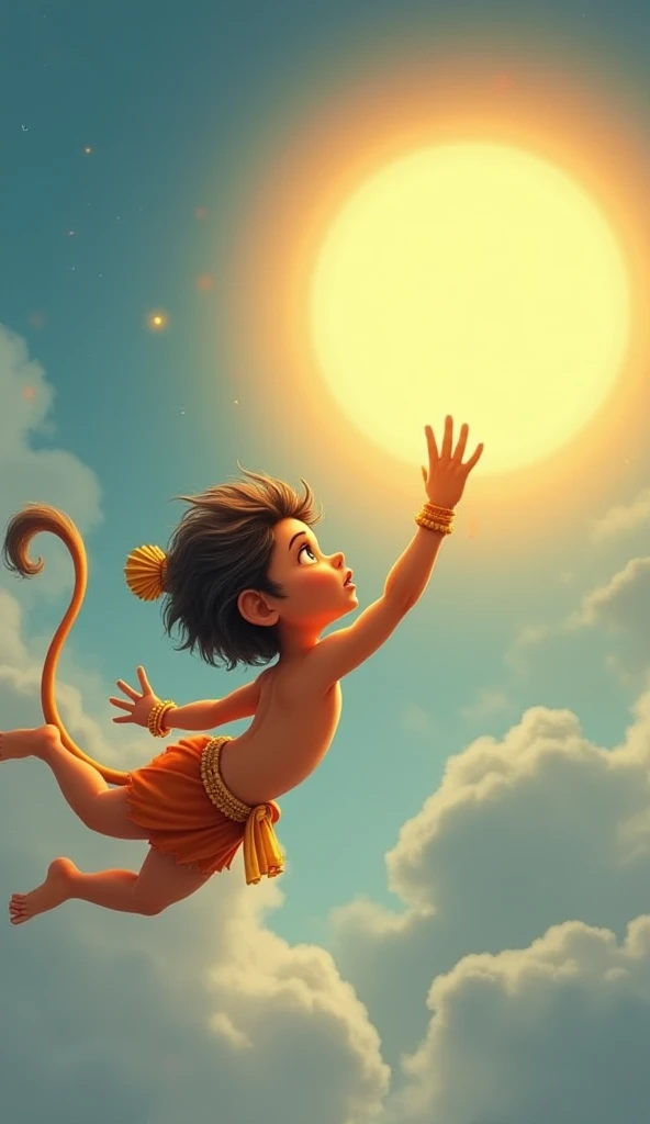 In cenematic cartoon 3d style Create an image of young Hanuman flying swiftly through the sky towards a bright, glowing sun. Hanuman, as a child, is depicted with a mischievous smile, his golden fur shimmering in the sunlight. His small yet muscular body is in mid-flight, with his tail extended and arms reaching out towards the sun, which he mistakes for a ripe fruit. The sky around him is a mix of bright blue with streaks of orange and yellow due to the sun’s radiance.