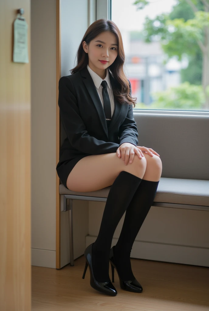 (((Kamimei、Mouth ajar))),(((((pencil skirts、frombelow、Pick up documents on the floor、Black stockings、Navy blue suit and skirt、White ruffled blouse with ribbon、high-heels、raise her legs))))),((In the office、In the company、In the reception room、frombelow))、masutepiece, 1girl in, best qualtiy, Ultra Detail, (shiny), (Small)、(((with blush cheeks,))),Ray tracing,Perfect Lighting, (milky skin:1.2),reflection, up looking_で_viewer, blush, bow ribbon, Medium Curl Hair、yellow_Eyes, White choker, Low_Twin-tailed、Japan's cutest 28-year-old beautiful girl、Small ribbons in the hair、Contrast Legs