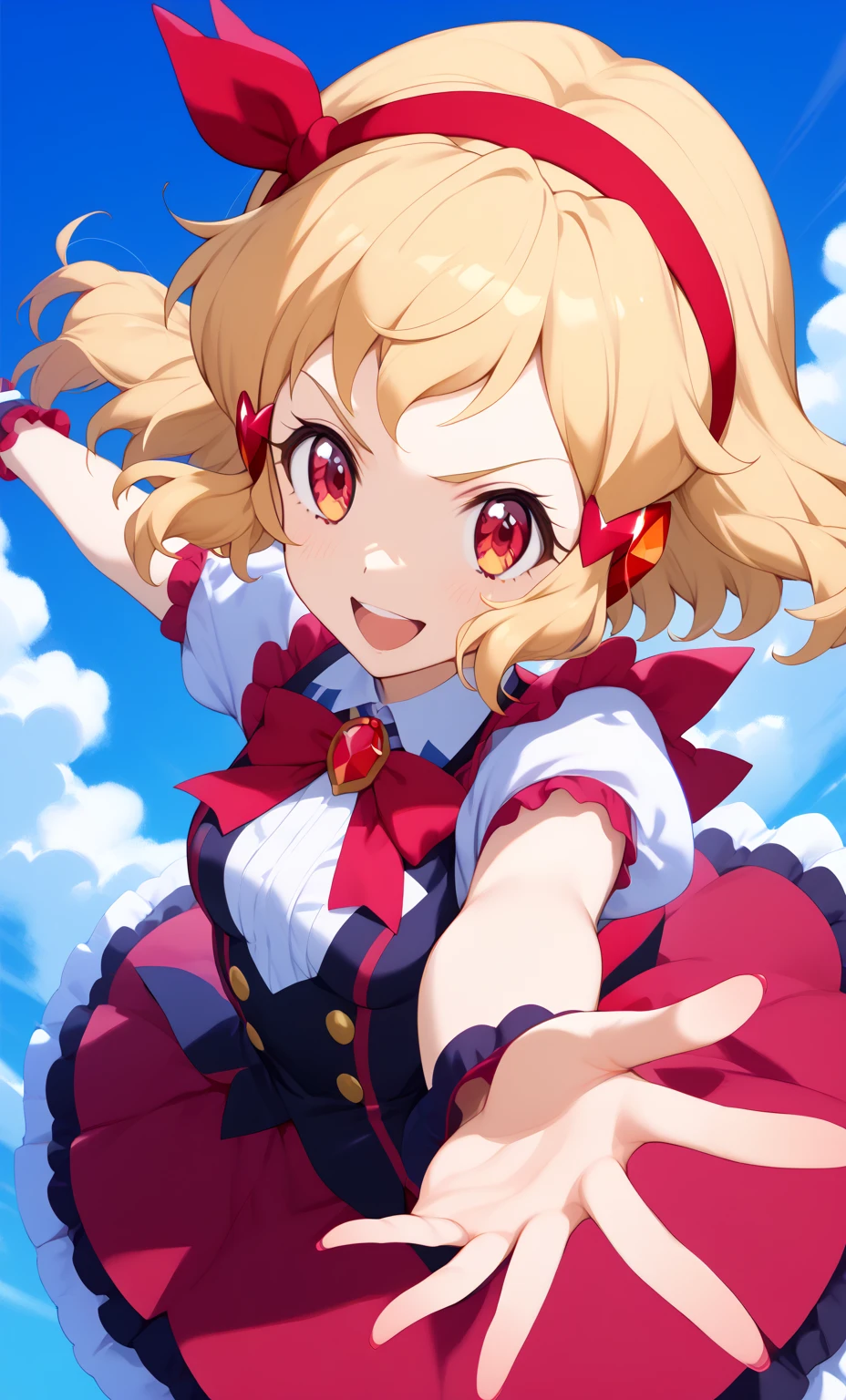 (Red ribbon on hairband: 1.2), Aikatsu, 1 girl, Senki Zesshou Symphogear style, blonde, white battle uniform: 2.2, BREAK, ultra-definition, high resolution, ultra-definition CG, caustics, blue sky stage, Up in the sky, singing, arms outstretched to the sky, Red Eyes, from directly above