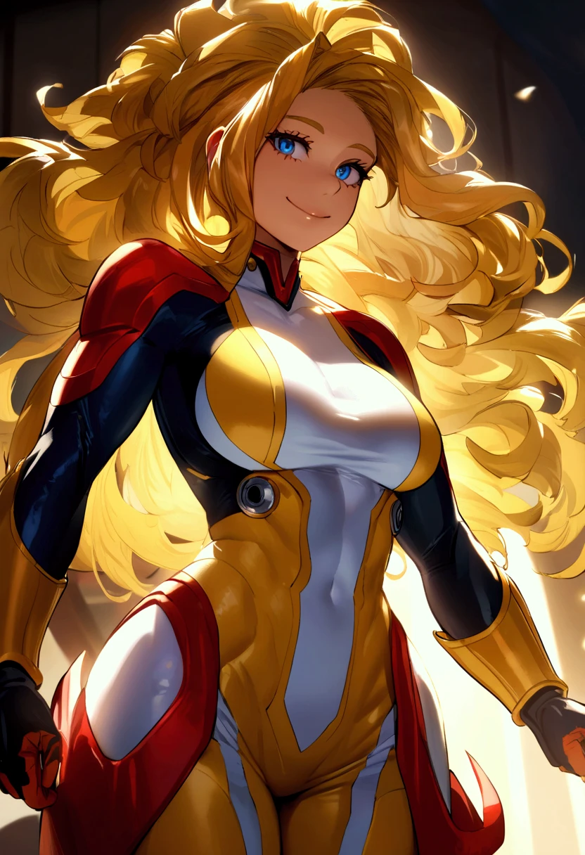 Yellow Hair、sunny,Suit with open chest,mini skirt,Red glossy outfit, Tight suit, Beautiful Face, Detailed lips,