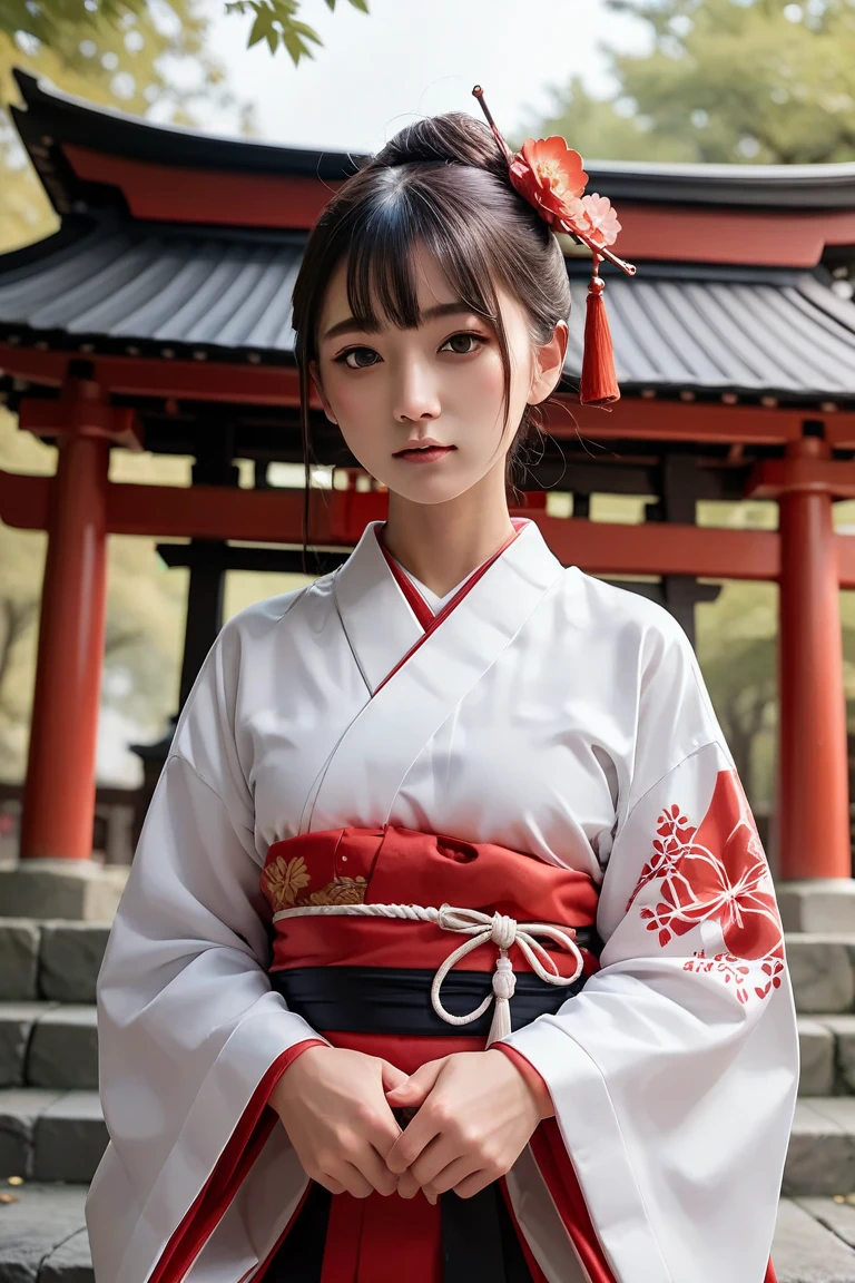 ((best quality, 8K, masterpiece)), ultra detailed, sharp focus, 1 beautiful woman, ((red kimono)), (((kimono lifting:1.4))), (((white lace panties))), highly detailed face and skin texture, ((detailed eyes)), ((beautiful eyes:1.2)), (Japanese shrine)