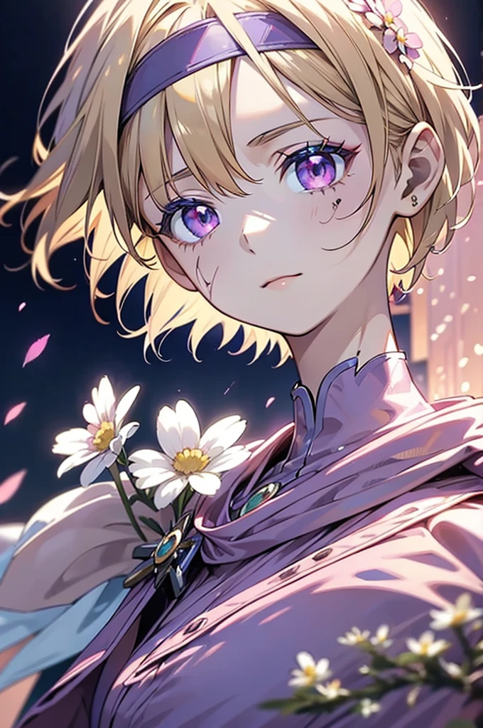 anime adult woman with short blonde hair in a pink headband with purple eyes.  Has battle scars wearing a pink headband and daisy flower with advanced metal robe light glowing armor.  In a city kingdom