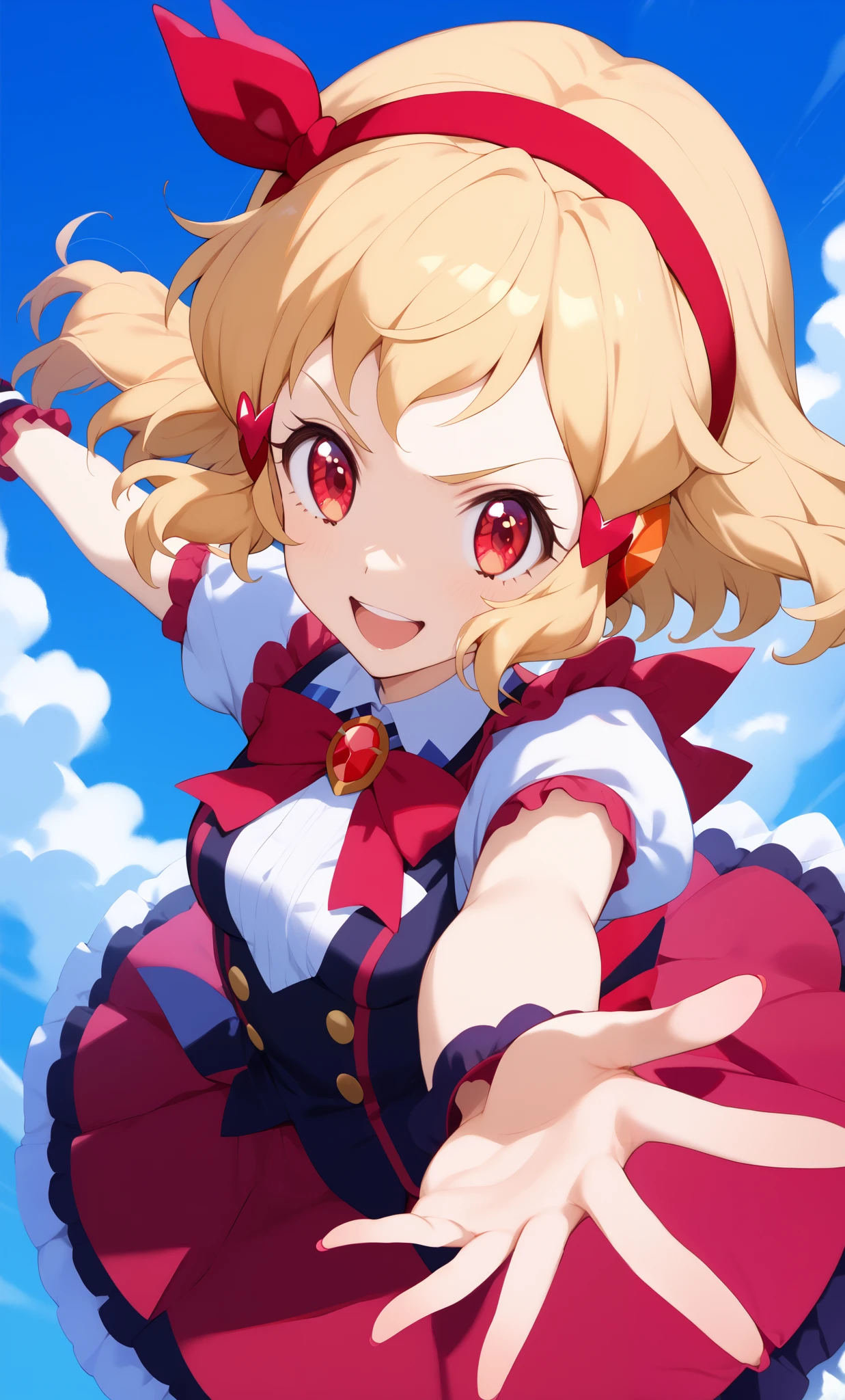 (Red ribbon on hairband: 1.2), Aikatsu, 1 girl, Senki Zesshou Symphogear style, blonde, white battle uniform: 2.2, BREAK, ultra-definition, high resolution, ultra-definition CG, caustics, blue sky stage, Up in the sky, singing, arms outstretched to the sky, Red Eyes, from directly above